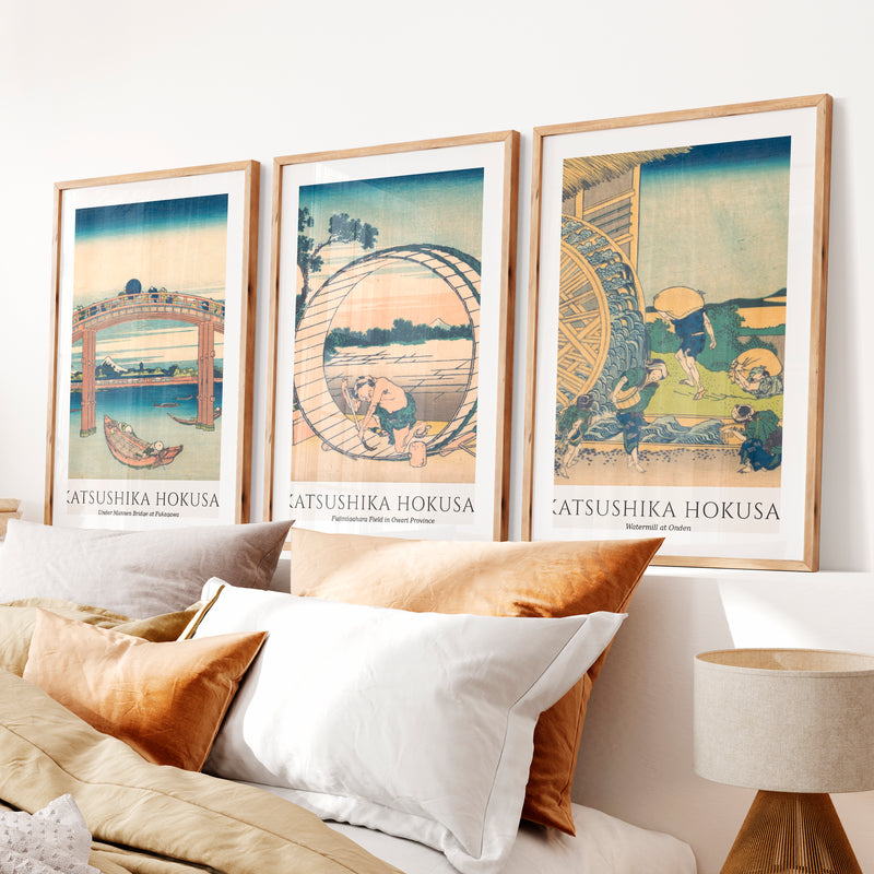 Hokusai Bridge and Village Japanese Artwork Prints- Natural Wood Framed Poster with White Border - Artworksets