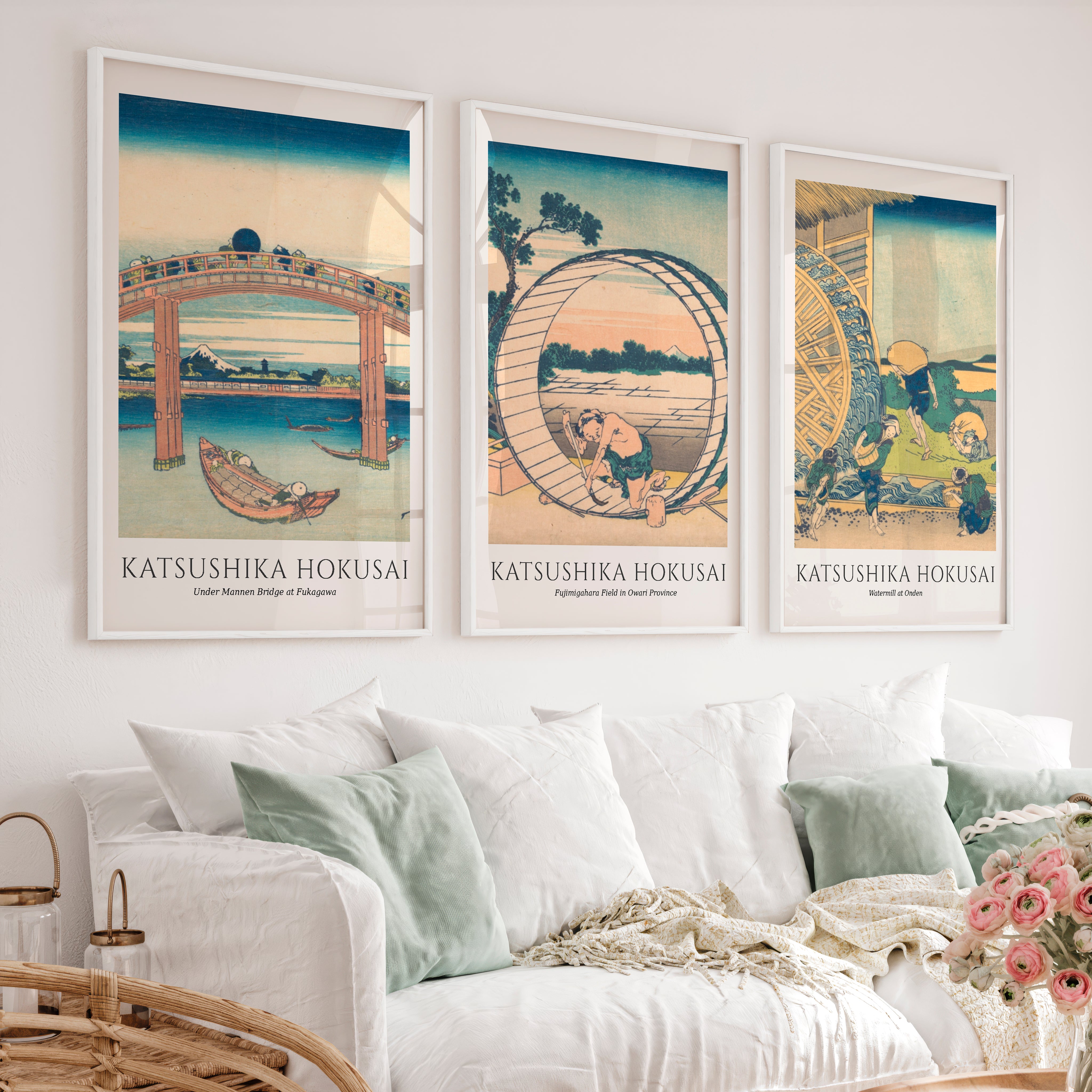 Hokusai Bridge and Village Japanese Artwork Prints - White Framed Poster No Border - Artworksets