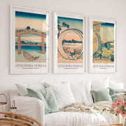 Hokusai Bridge and Village Japanese Artwork Prints - White Framed Poster with White Border - Artworksets