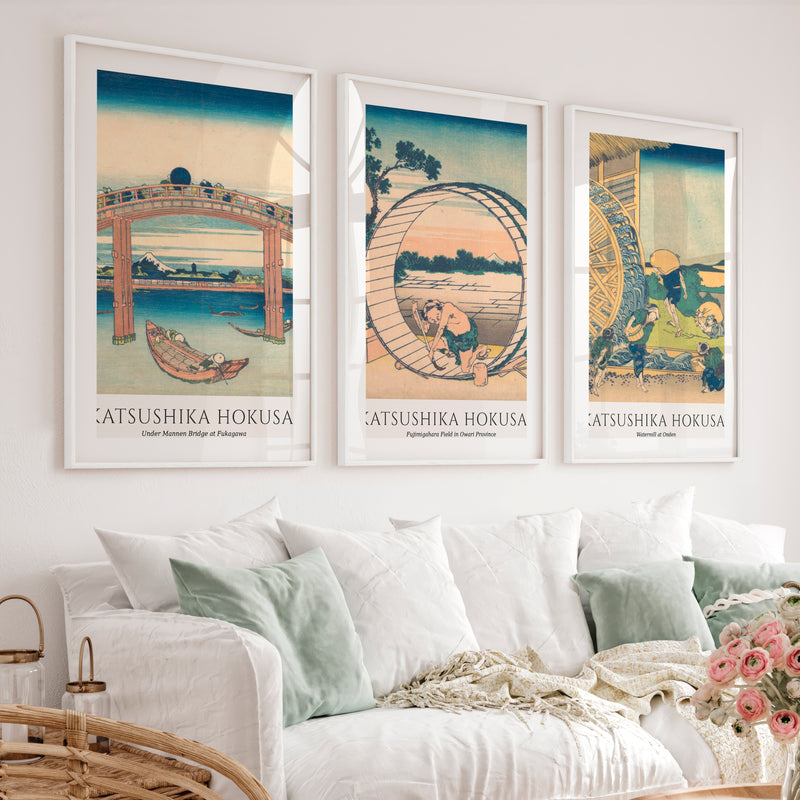 Hokusai Bridge and Village Japanese Artwork Prints - White Framed Poster with White Border - Artworksets