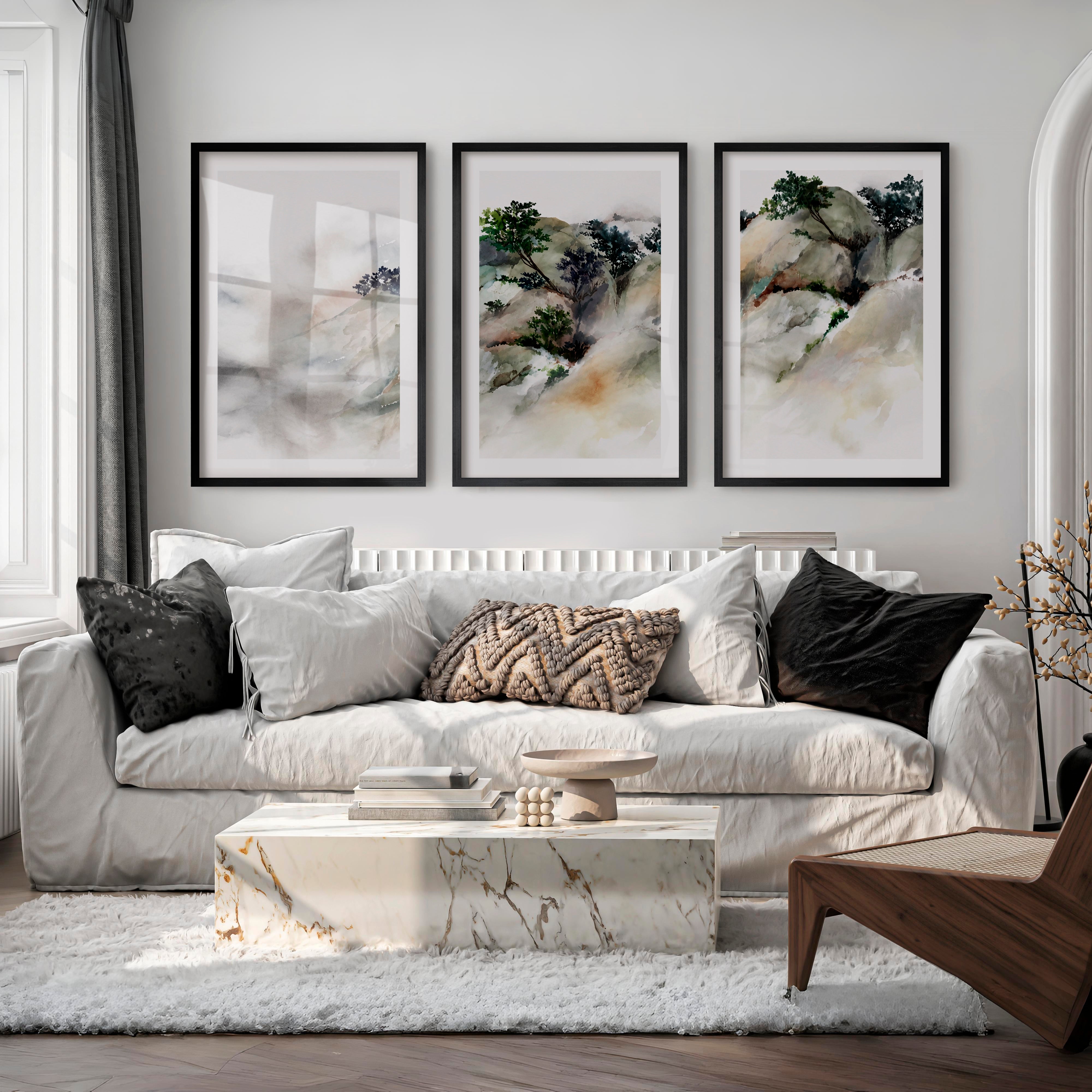 Misty River Landscape Japanese Artwork Prints - Black Framed Poster with White Border - Artworksets