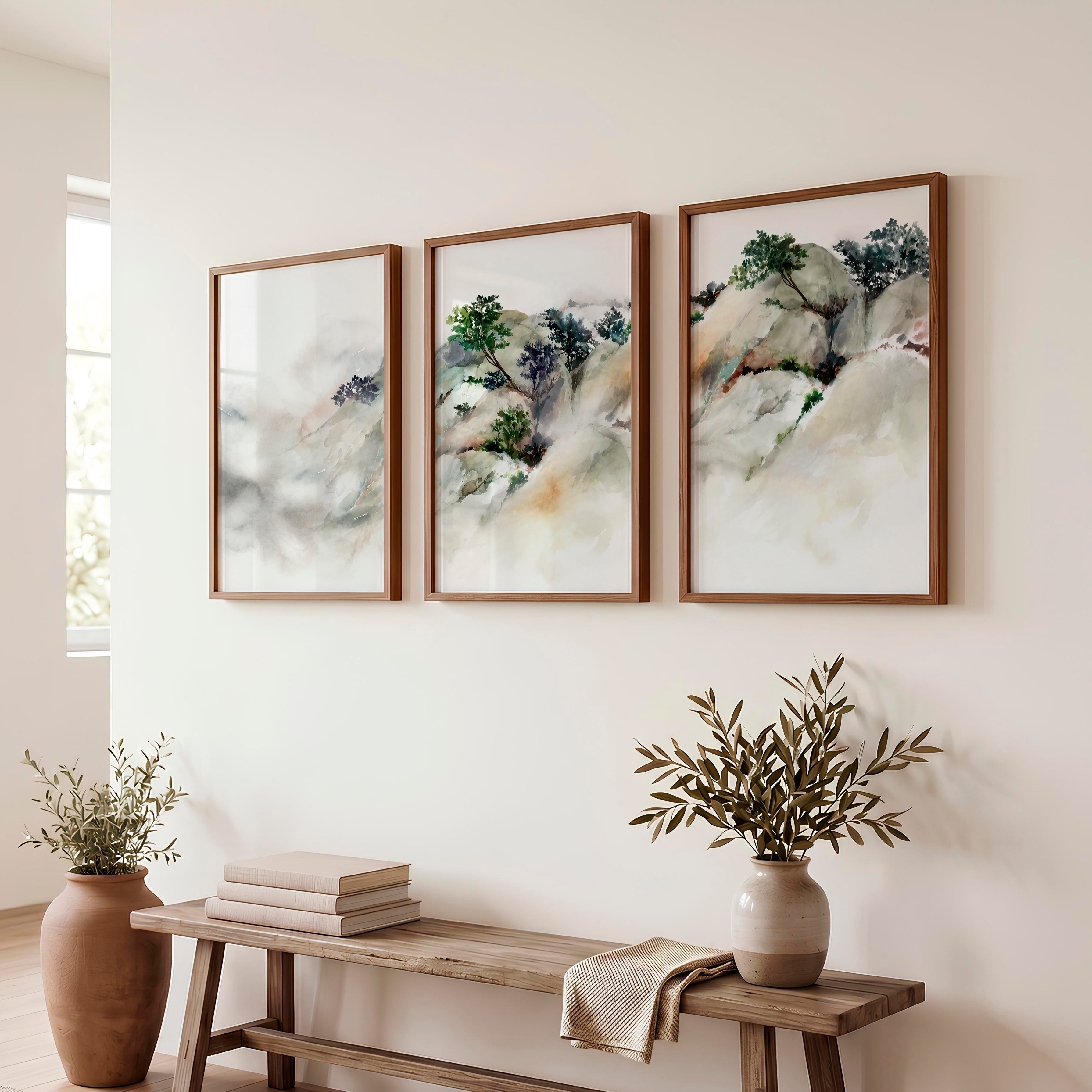 Misty River Landscape Japanese Artwork Prints - Dark Brown Framed Poster No Border - Artworksets