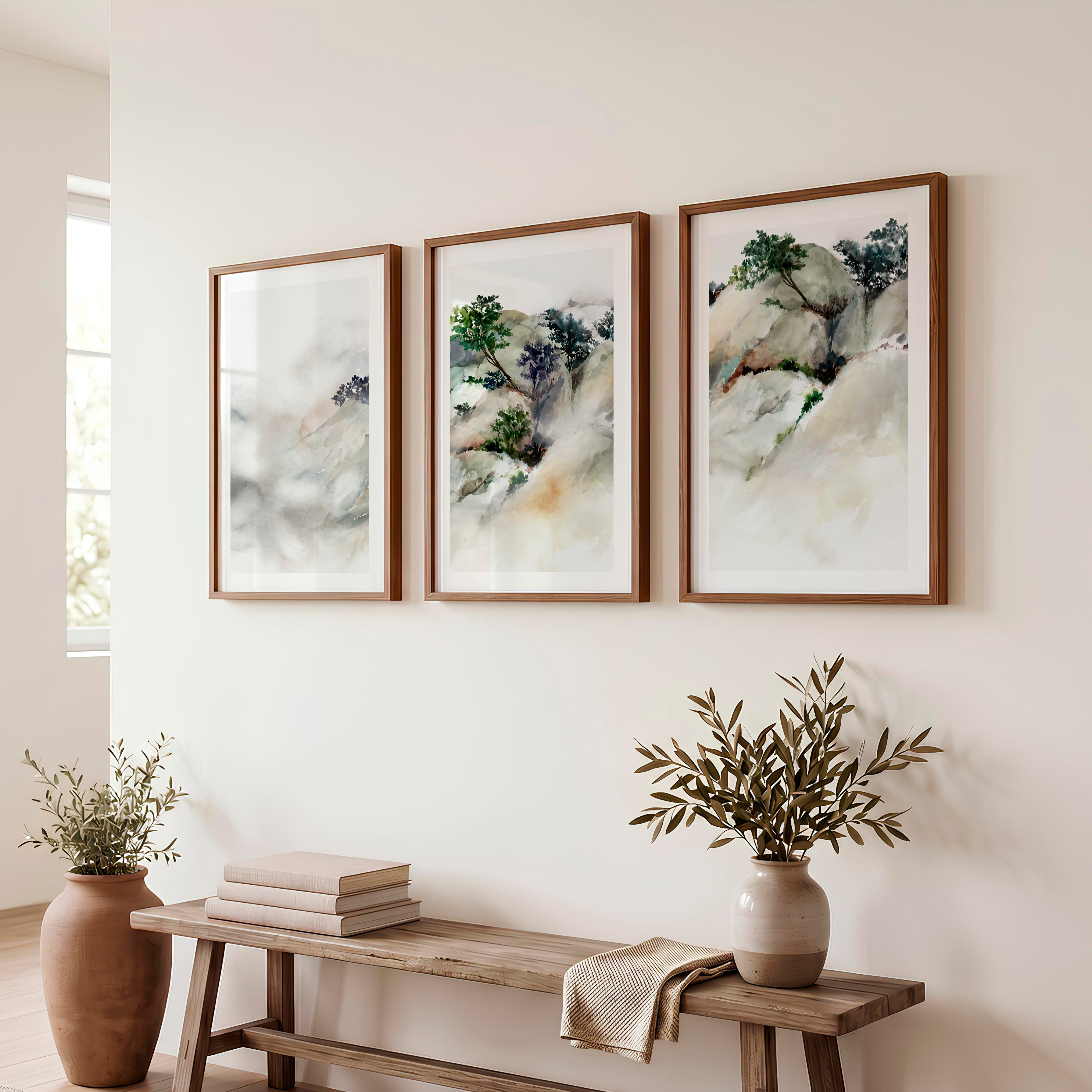 Misty River Landscape Japanese Artwork Prints - Dark Brown Framed Poster with White Border - Artworksets