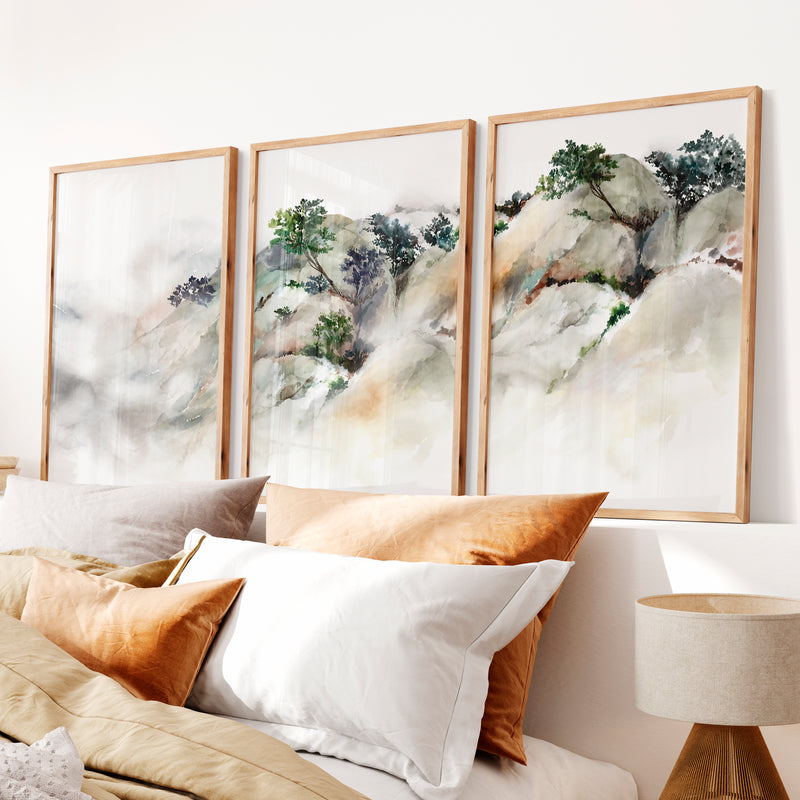 Misty River Landscape Japanese Artwork Prints - Natural Wood Framed Poster No Border - Artworksets