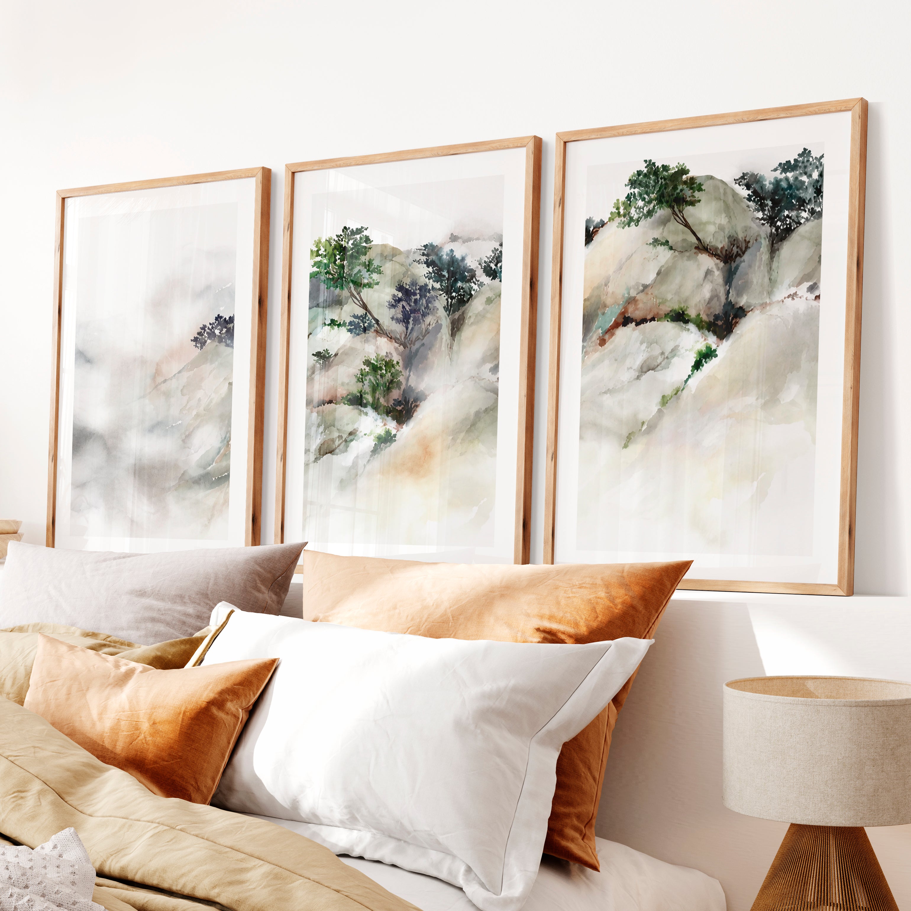 Misty River Landscape Japanese Artwork Prints- Natural Wood Framed Poster with White Border - Artworksets