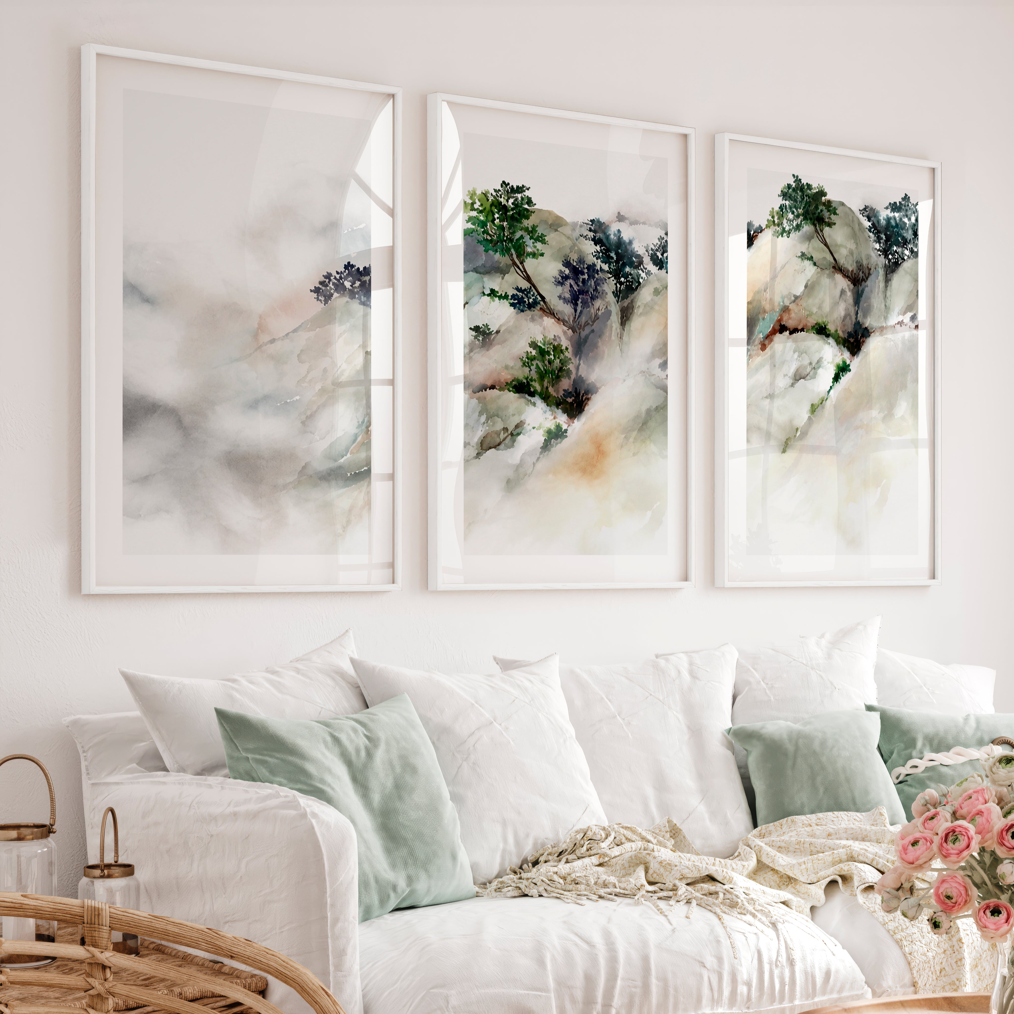 Misty River Landscape Japanese Artwork Prints - White Framed Poster with White Border - Artworksets