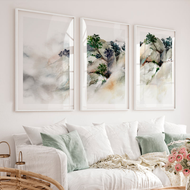 Misty River Landscape Japanese Artwork Prints - White Framed Poster with White Border - Artworksets