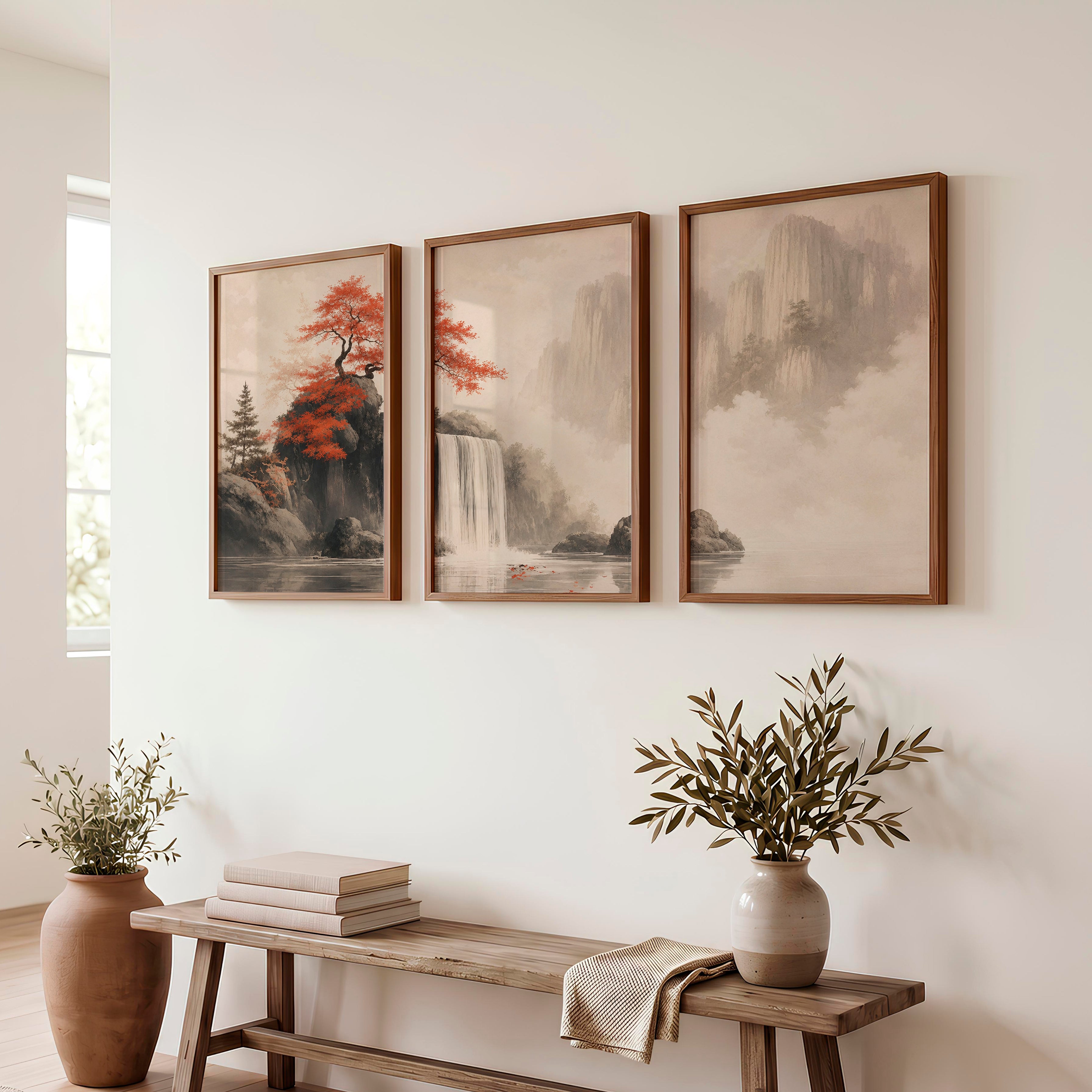 Japanese Bird Art Featuring Flying Crane and Bamboo - Dark Brown Framed Poster No Border - Artworksets