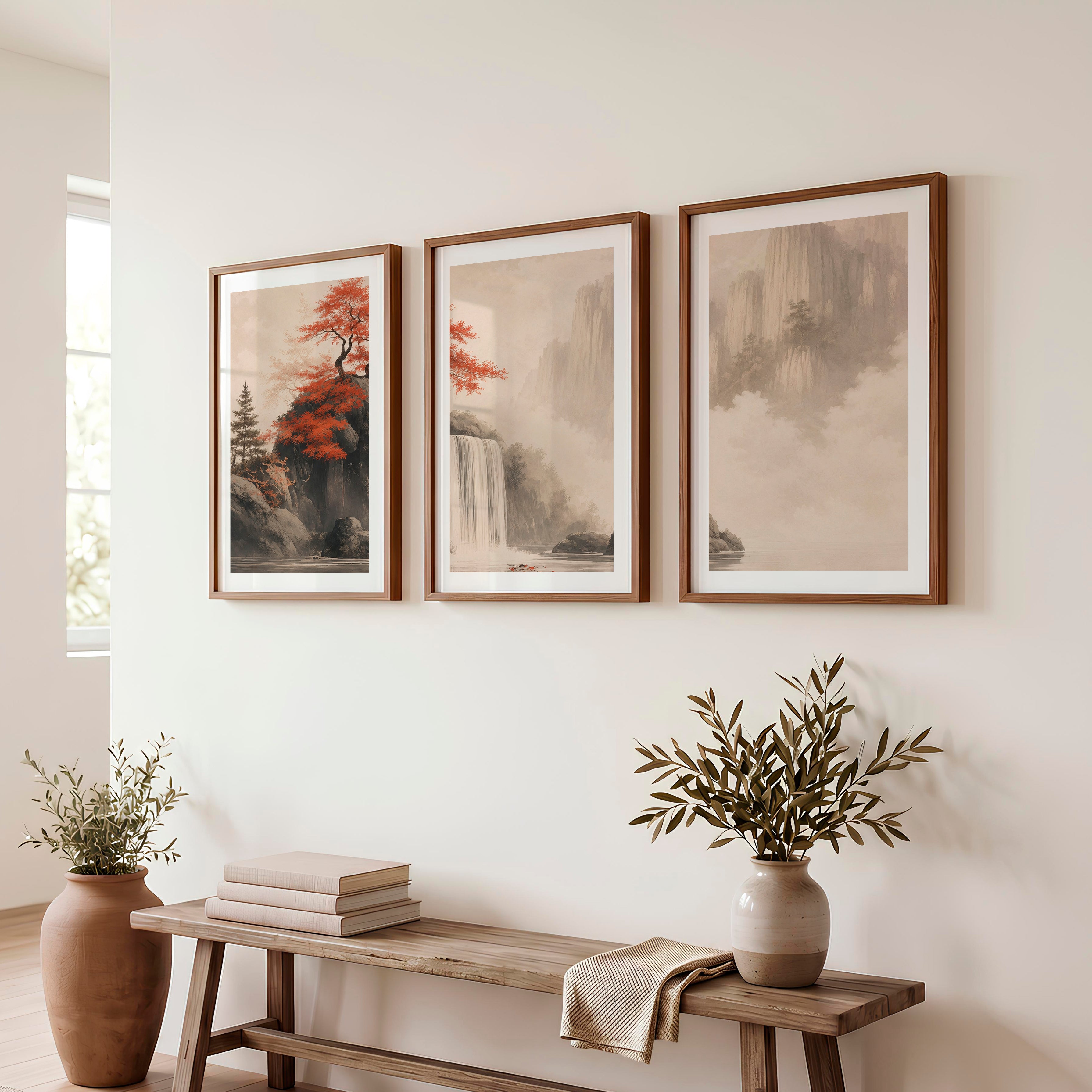 Japanese Bird Art Featuring Flying Crane and Bamboo - Dark Brown Framed Poster with White Border - Artworksets