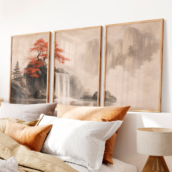 Japanese Bird Art Featuring Flying Crane and Bamboo - Natural Wood Framed Poster No Border - Artworksets