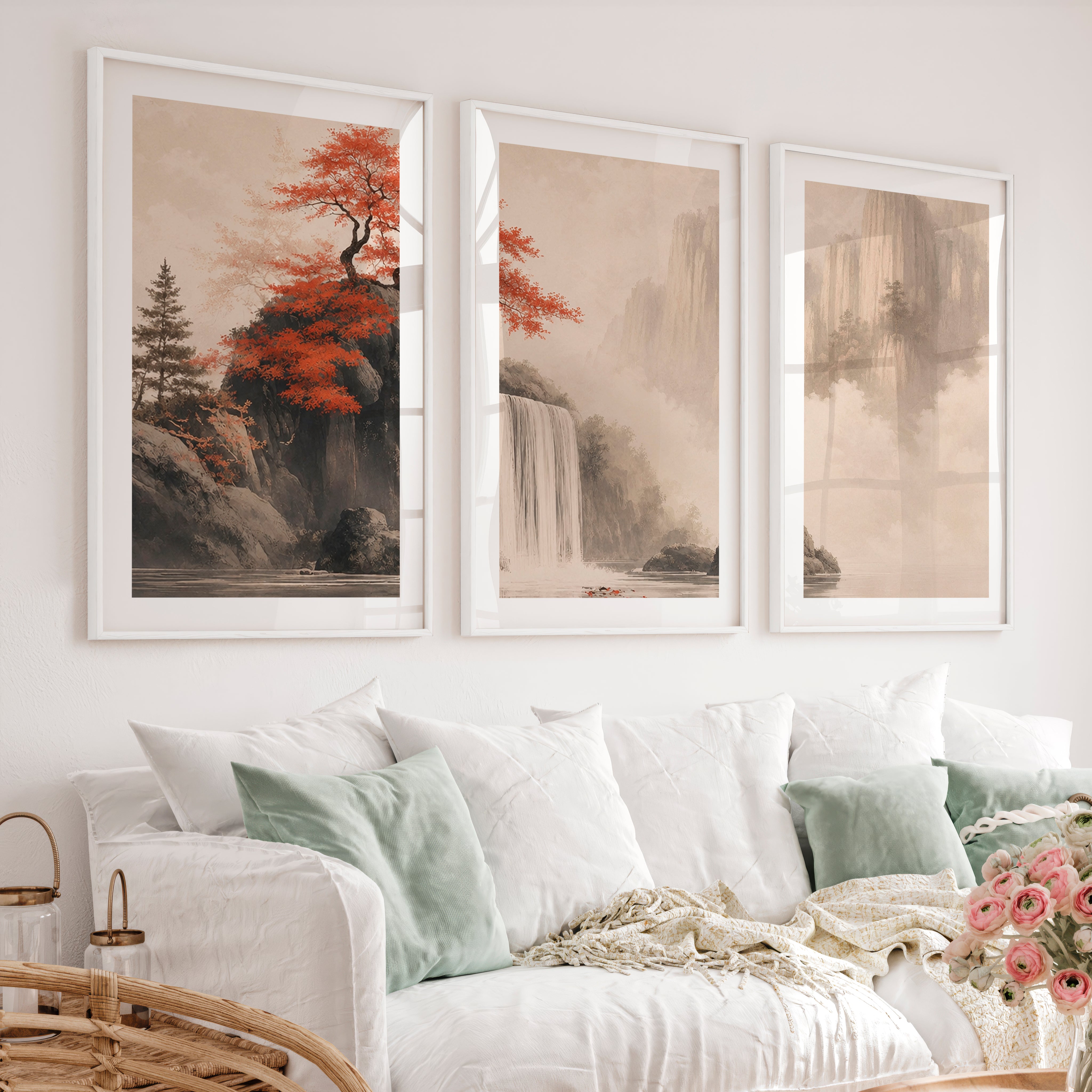 Japanese Bird Art Featuring Flying Crane and Bamboo - White Framed Poster with White Border - Artworksets