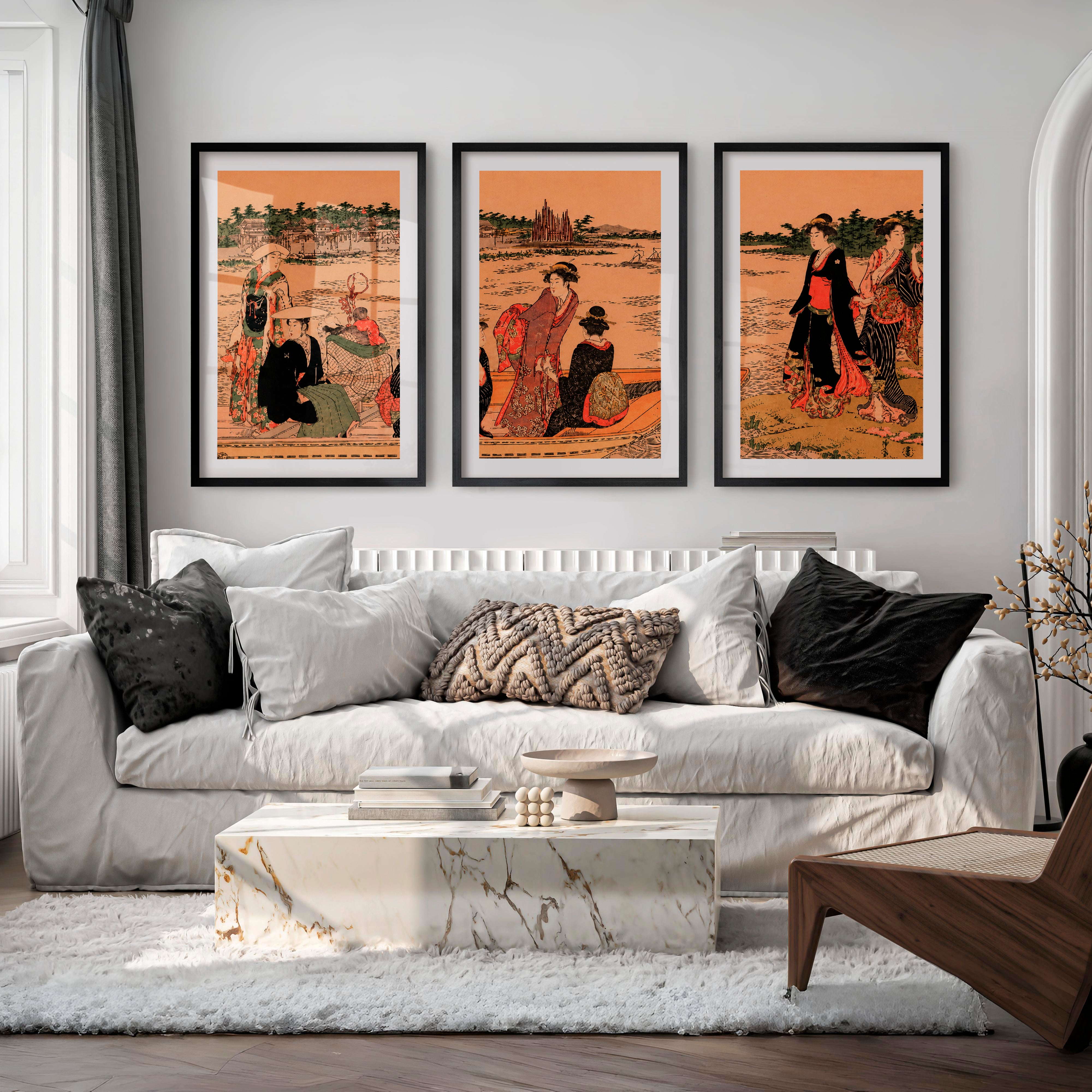 Elegant Japanese Bird Art Featuring a Flying Crane Over Mountains - Black Framed Poster with White Border - Artworksets