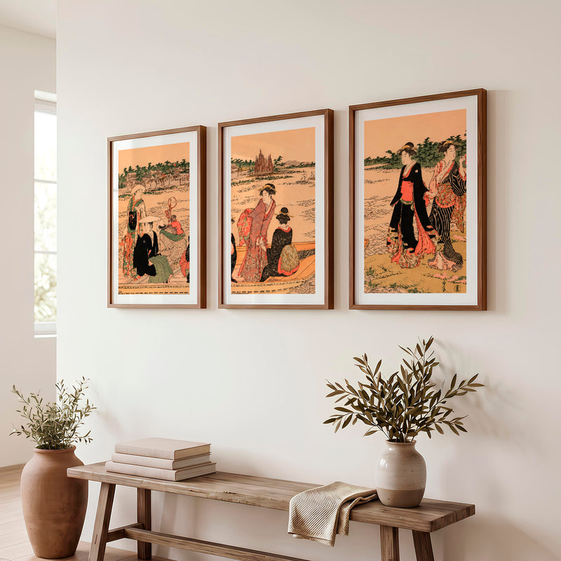 Elegant Japanese Bird Art Featuring a Flying Crane Over Mountains - Dark Brown Framed Poster with White Border - Artworksets