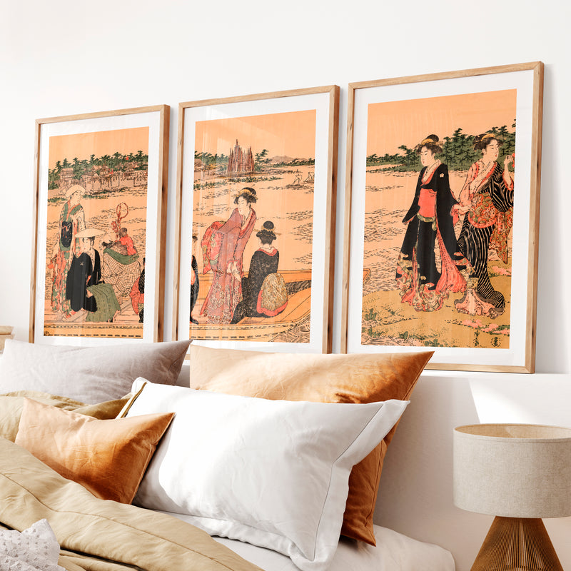 Elegant Japanese Bird Art Featuring a Flying Crane Over Mountains- Natural Wood Framed Poster with White Border - Artworksets
