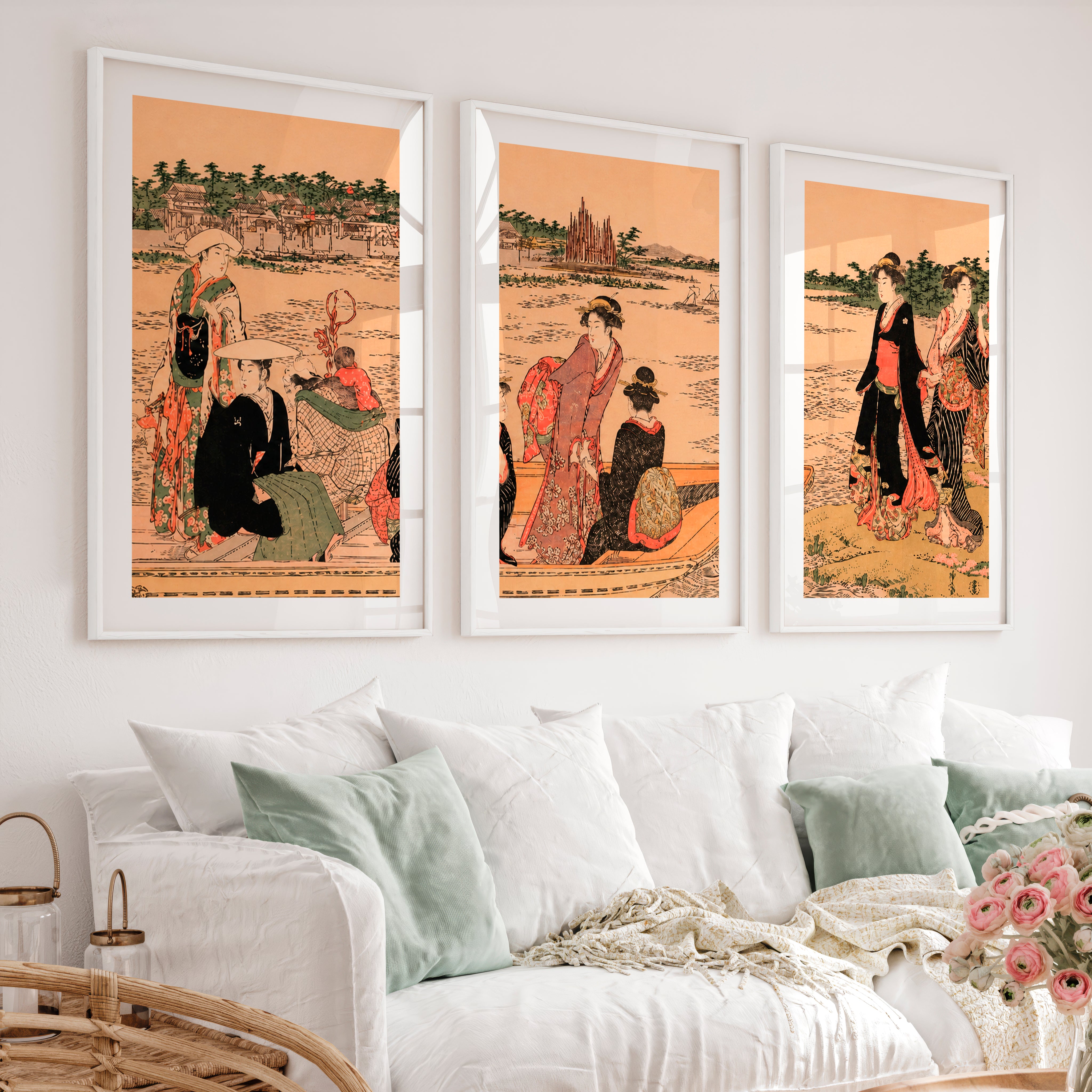 Elegant Japanese Bird Art Featuring a Flying Crane Over Mountains - White Framed Poster with White Border - Artworksets
