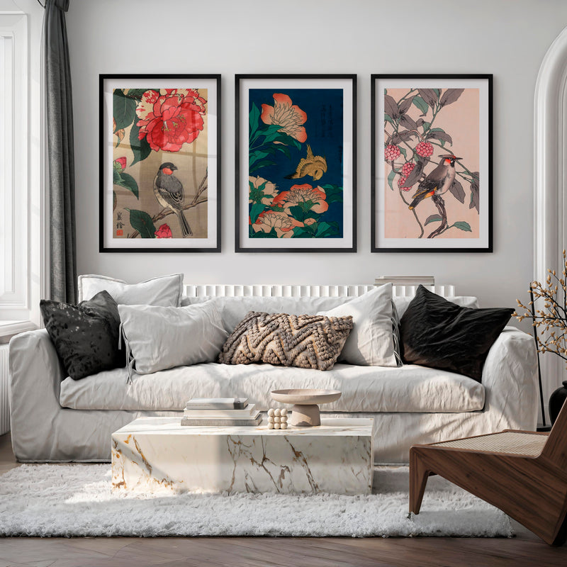 Japanese Bird Art with Peonies and Berries - Black Framed Poster with White Border - Artworksets