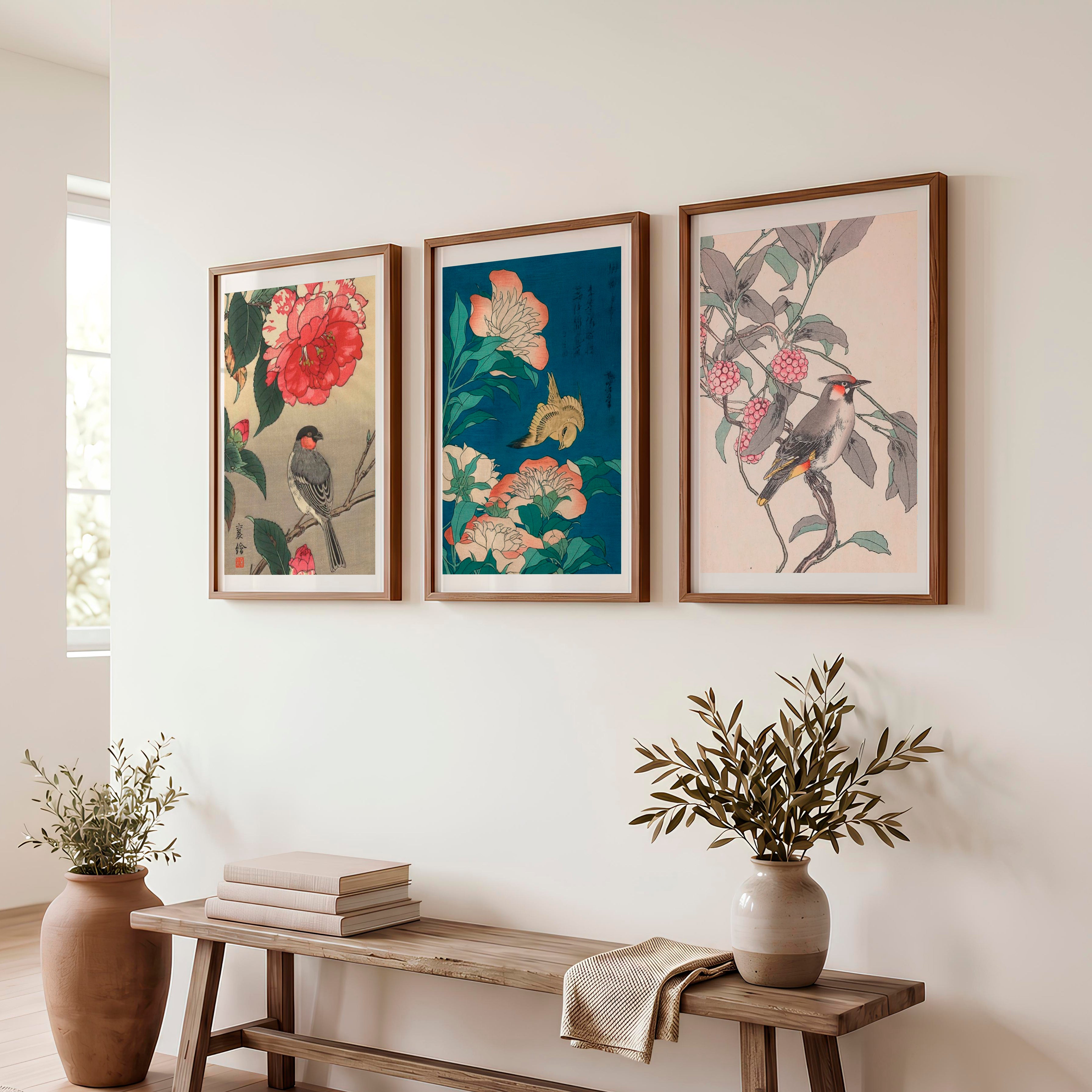 Japanese Bird Art with Peonies and Berries - Dark Brown Framed Poster No Border - Artworksets