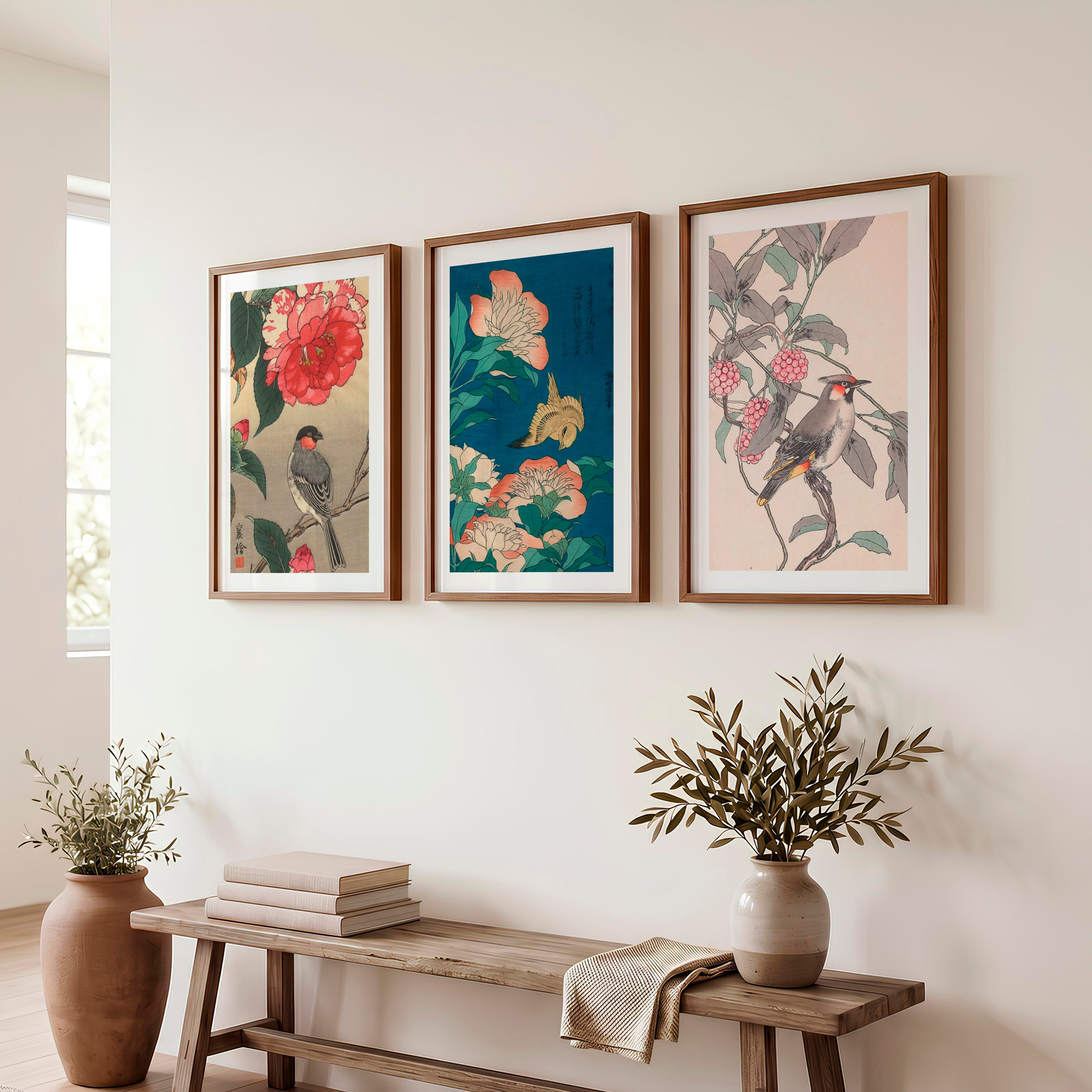 Japanese Bird Art with Peonies and Berries - Dark Brown Framed Poster with White Border - Artworksets