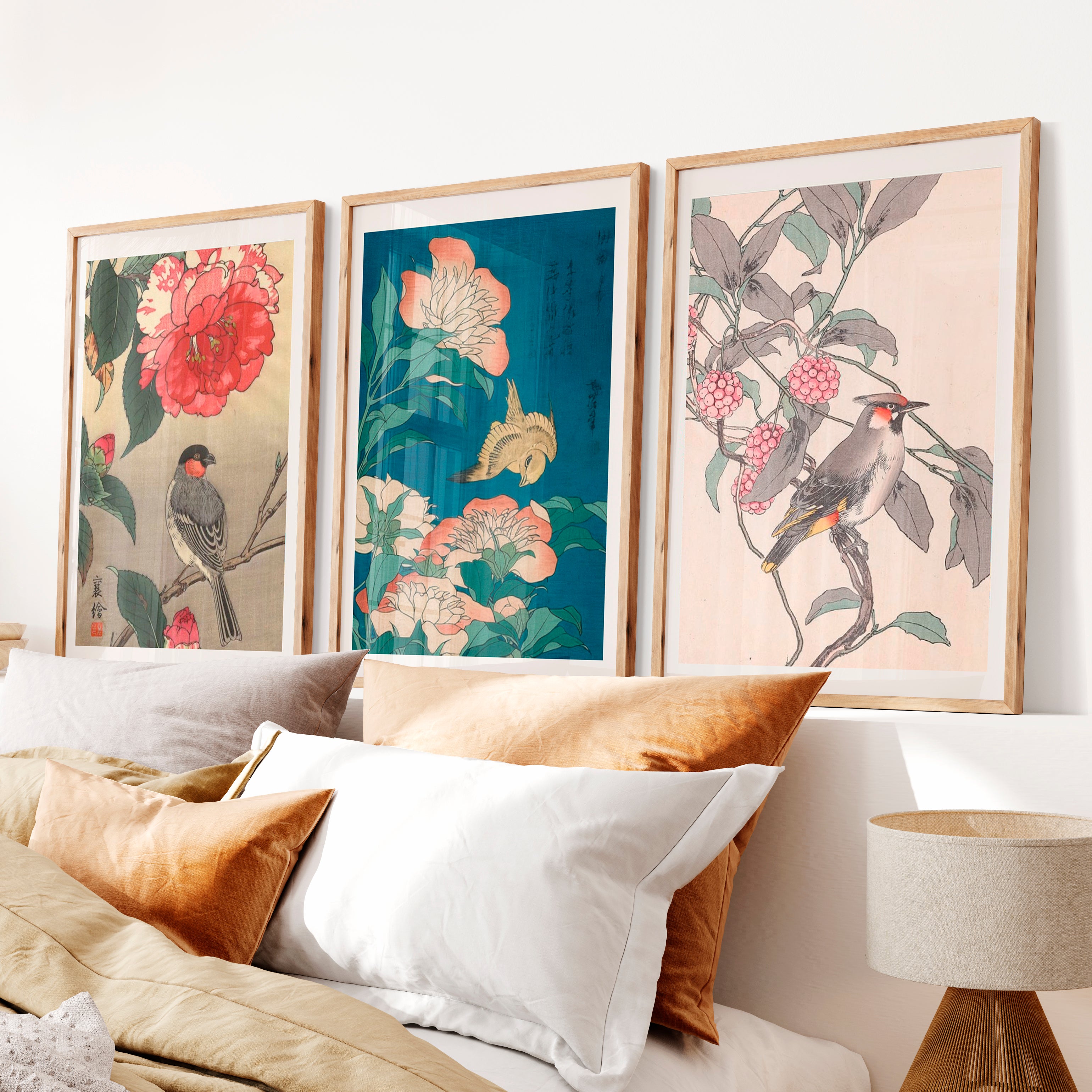 Japanese Bird Art with Peonies and Berries - Natural Wood Framed Poster No Border - Artworksets