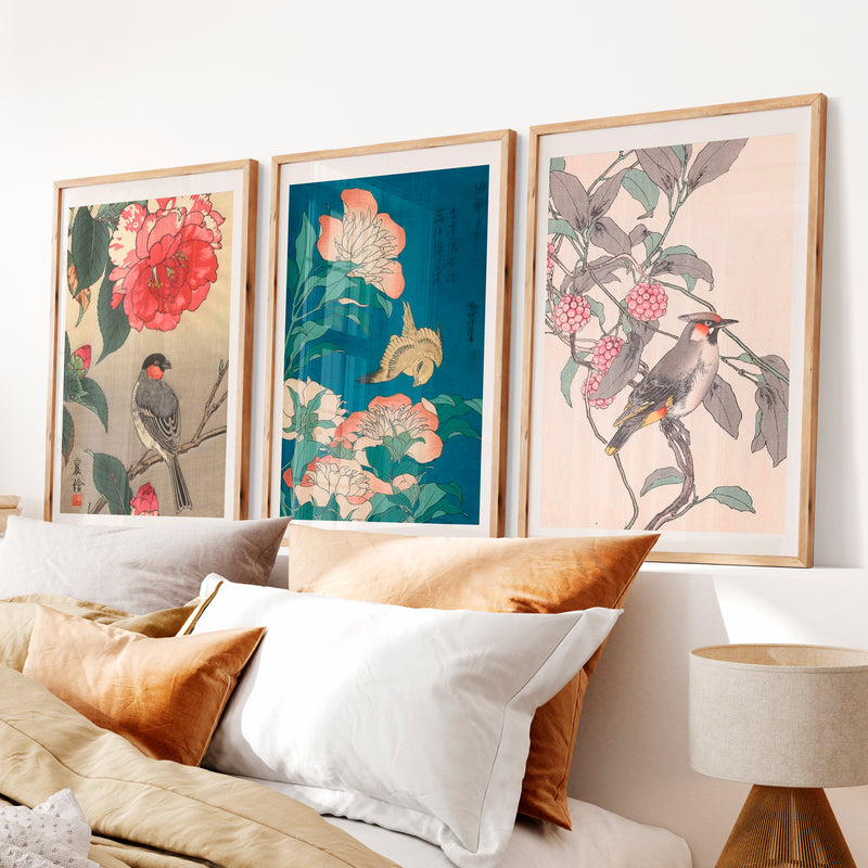 Japanese Bird Art with Peonies and Berries - Natural Wood Framed Poster No Border - Artworksets
