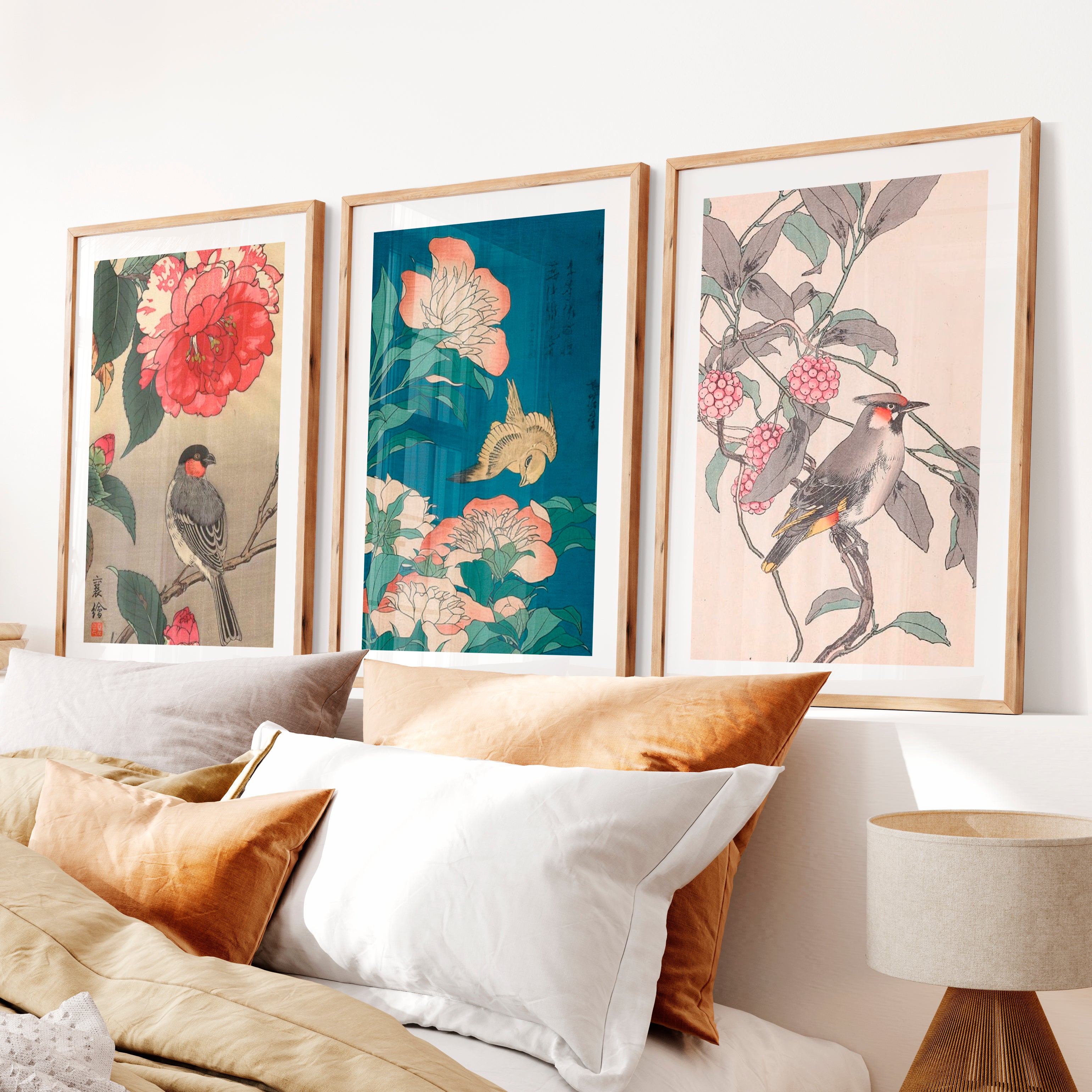 Japanese Bird Art with Peonies and Berries- Natural Wood Framed Poster with White Border - Artworksets