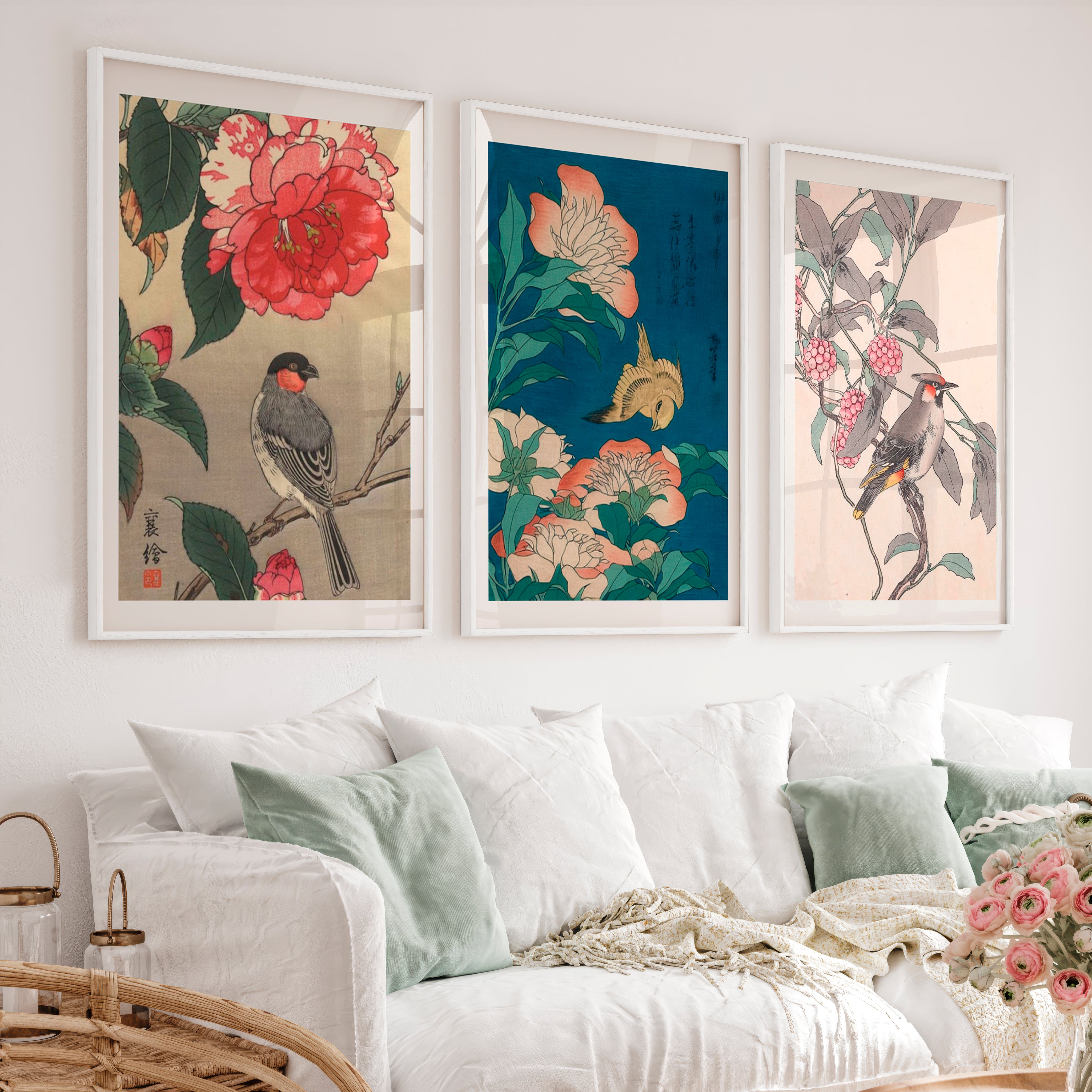 Japanese Bird Art with Peonies and Berries - White Framed Poster No Border - Artworksets