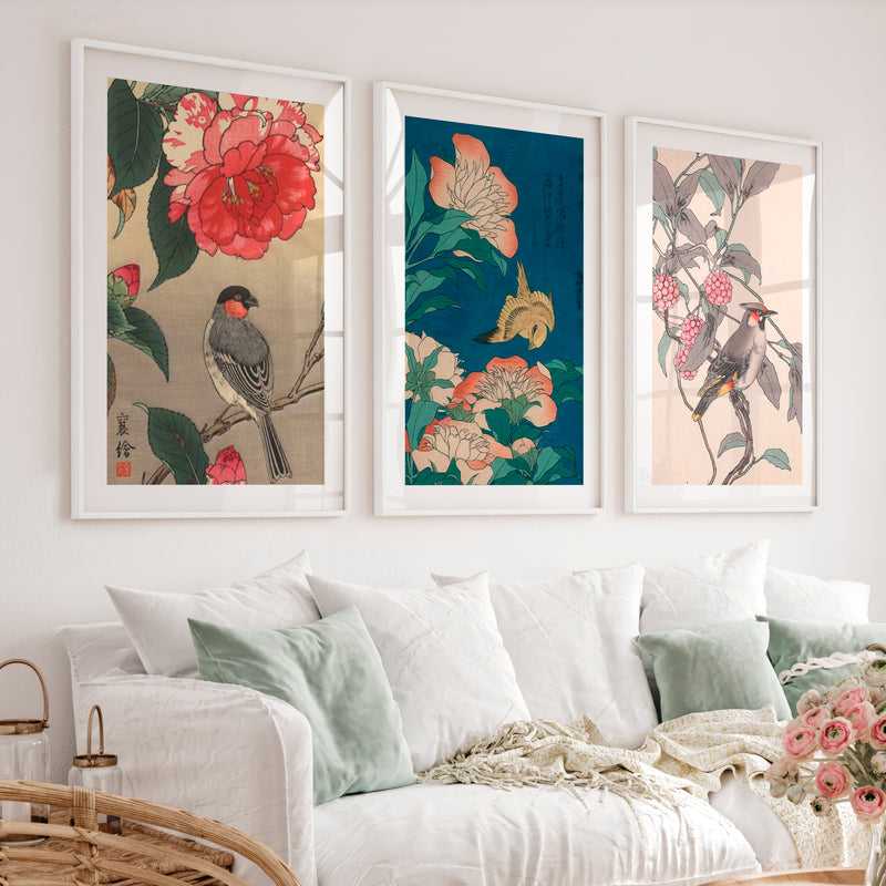 Japanese Bird Art with Peonies and Berries - White Framed Poster with White Border - Artworksets