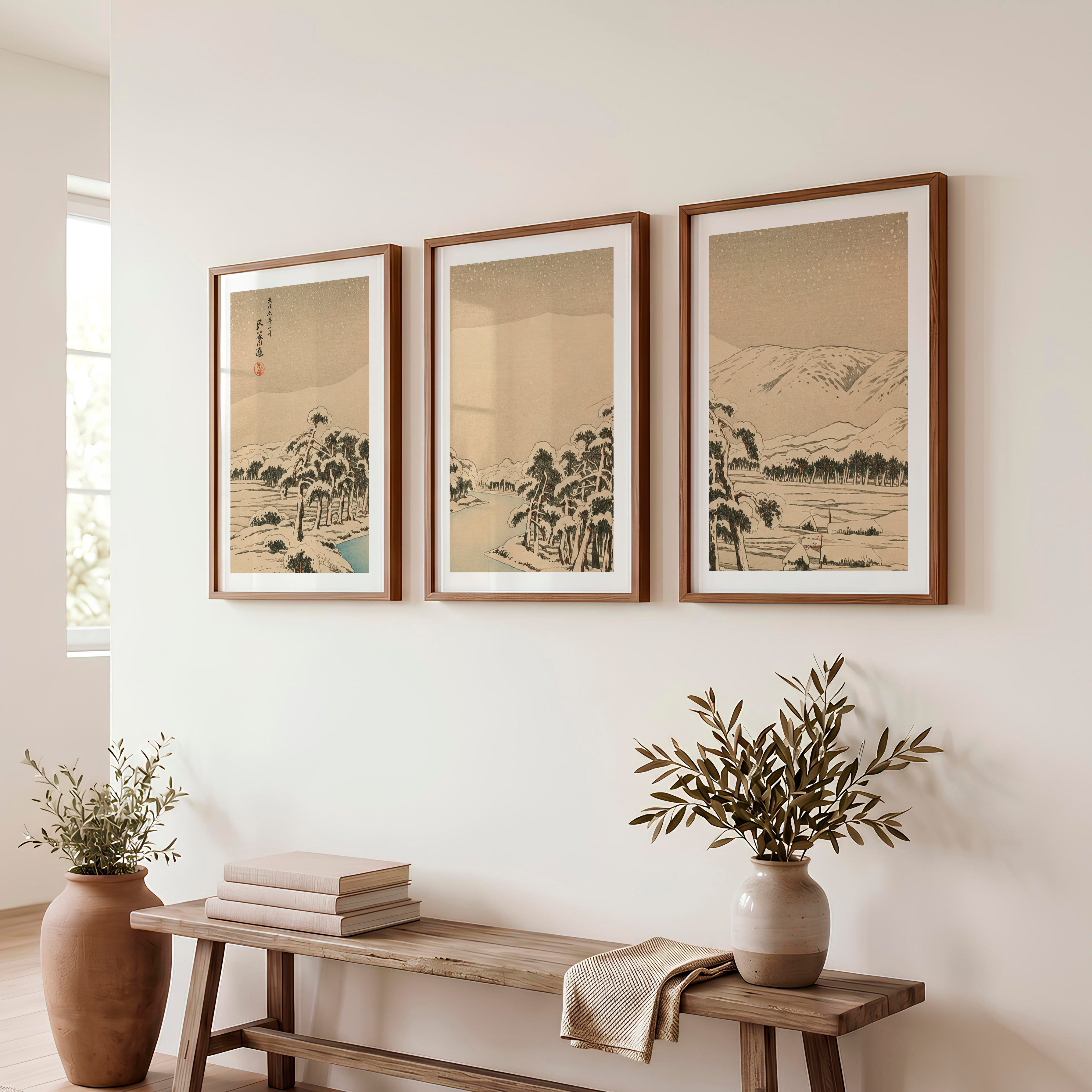 Japanese Bird Art Featuring Colorful Flying Herons - Dark Brown Framed Poster with White Border - Artworksets