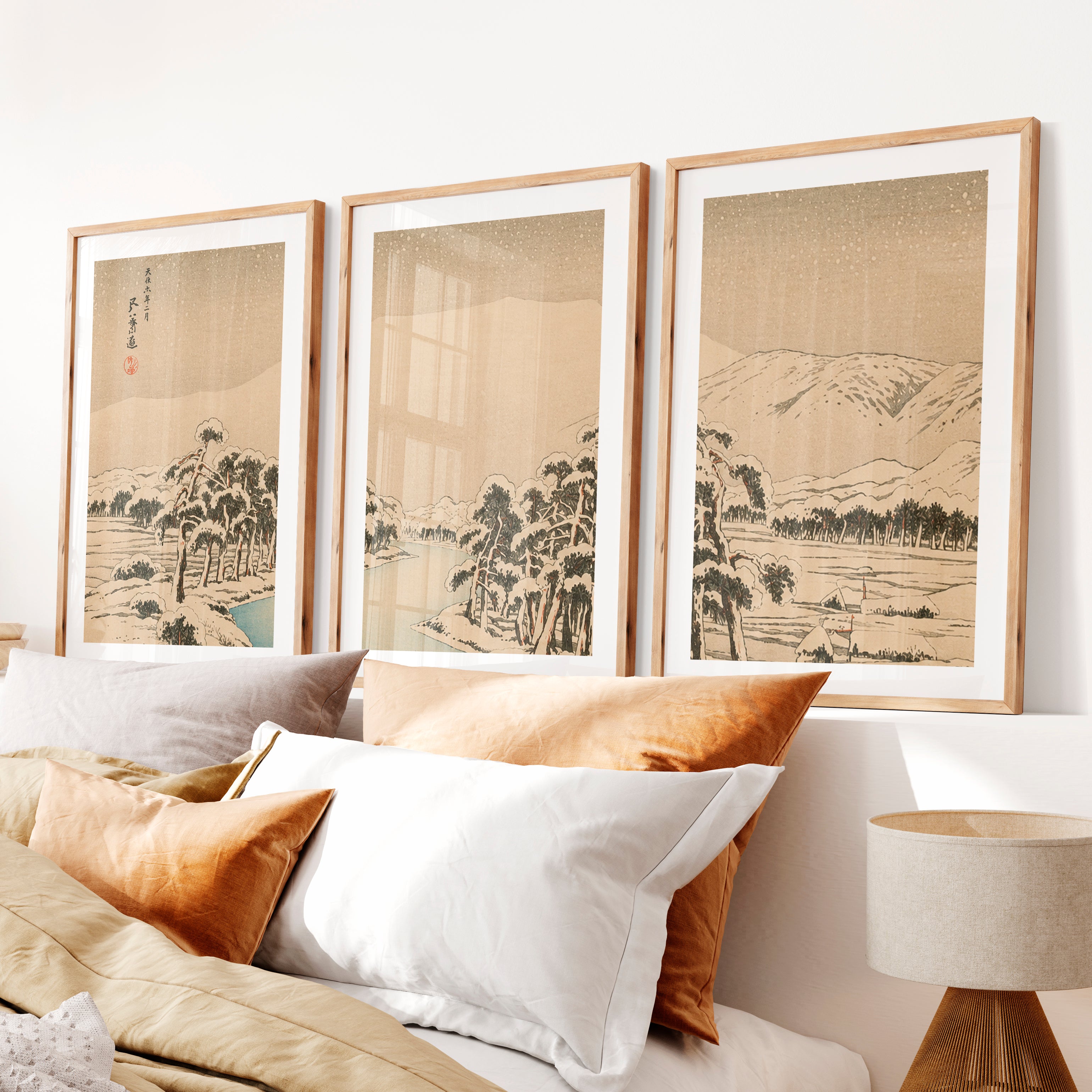 Japanese Bird Art Featuring Colorful Flying Herons- Natural Wood Framed Poster with White Border - Artworksets