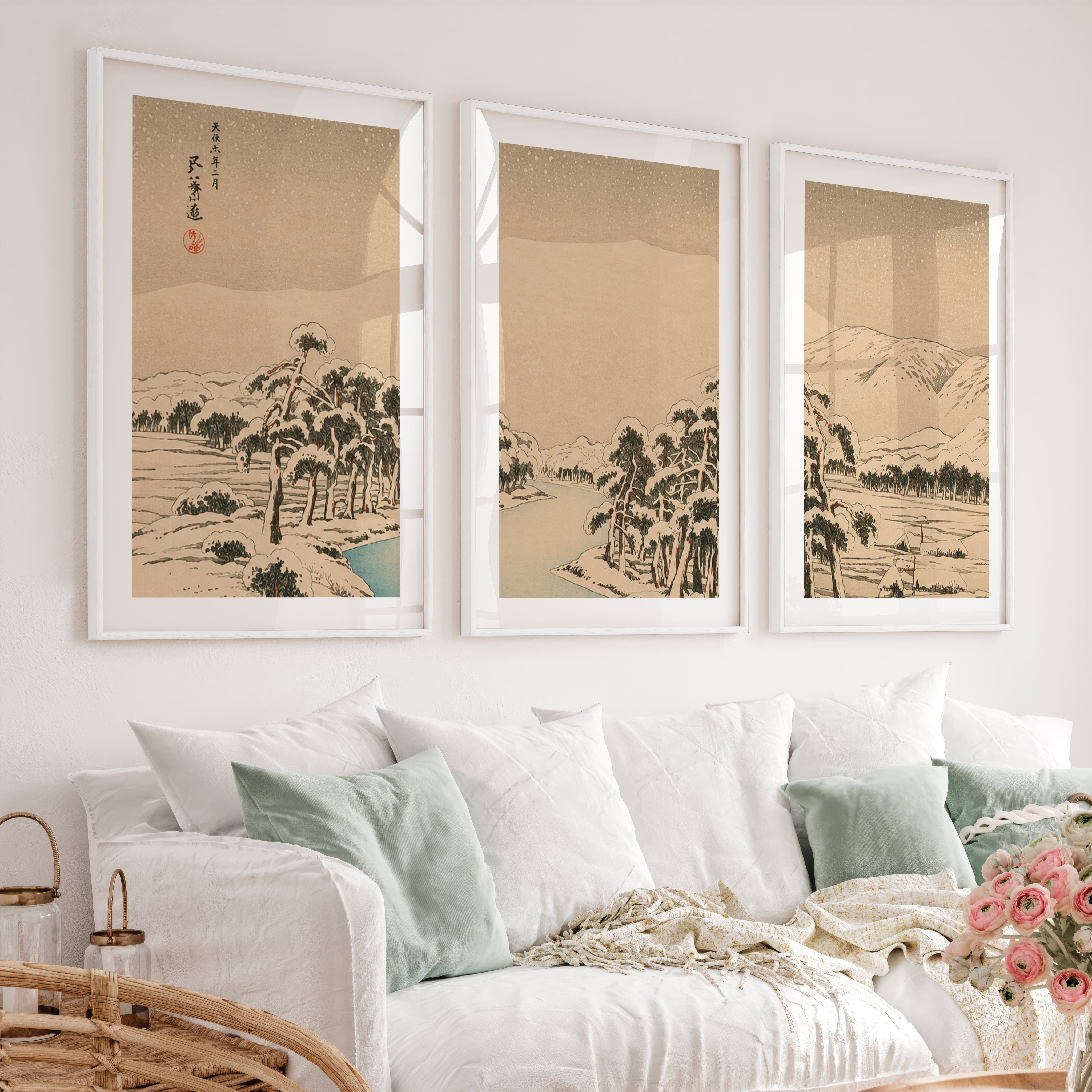 Japanese Bird Art Featuring Colorful Flying Herons - White Framed Poster with White Border - Artworksets