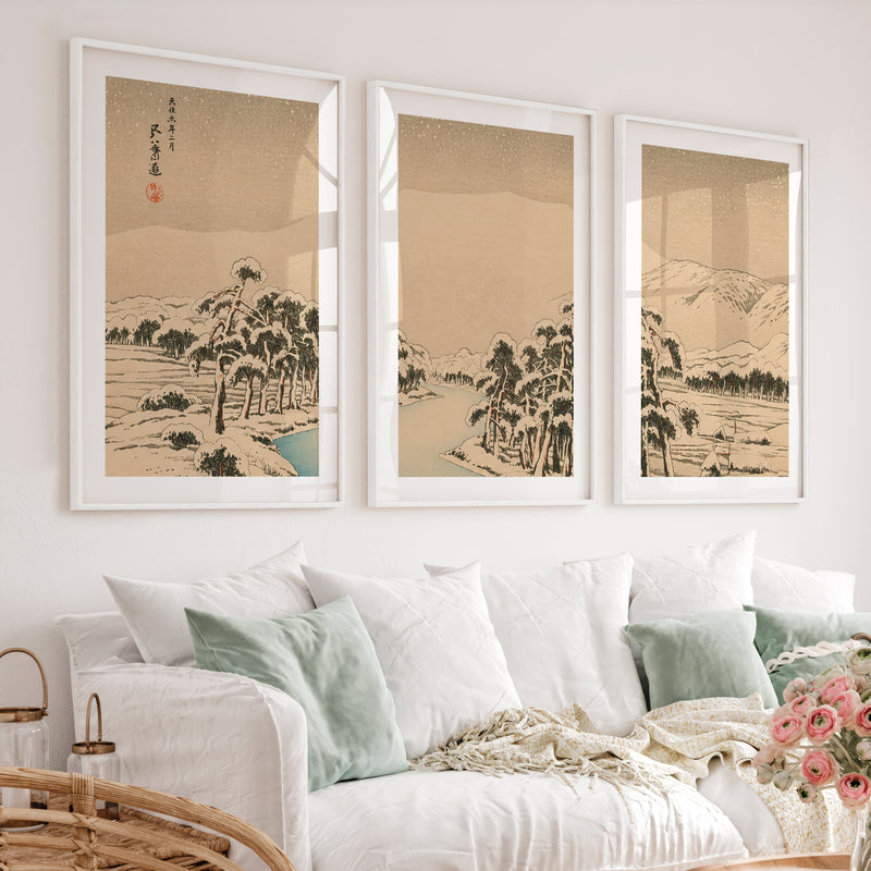 Japanese Bird Art Featuring Colorful Flying Herons - White Framed Poster with White Border - Artworksets