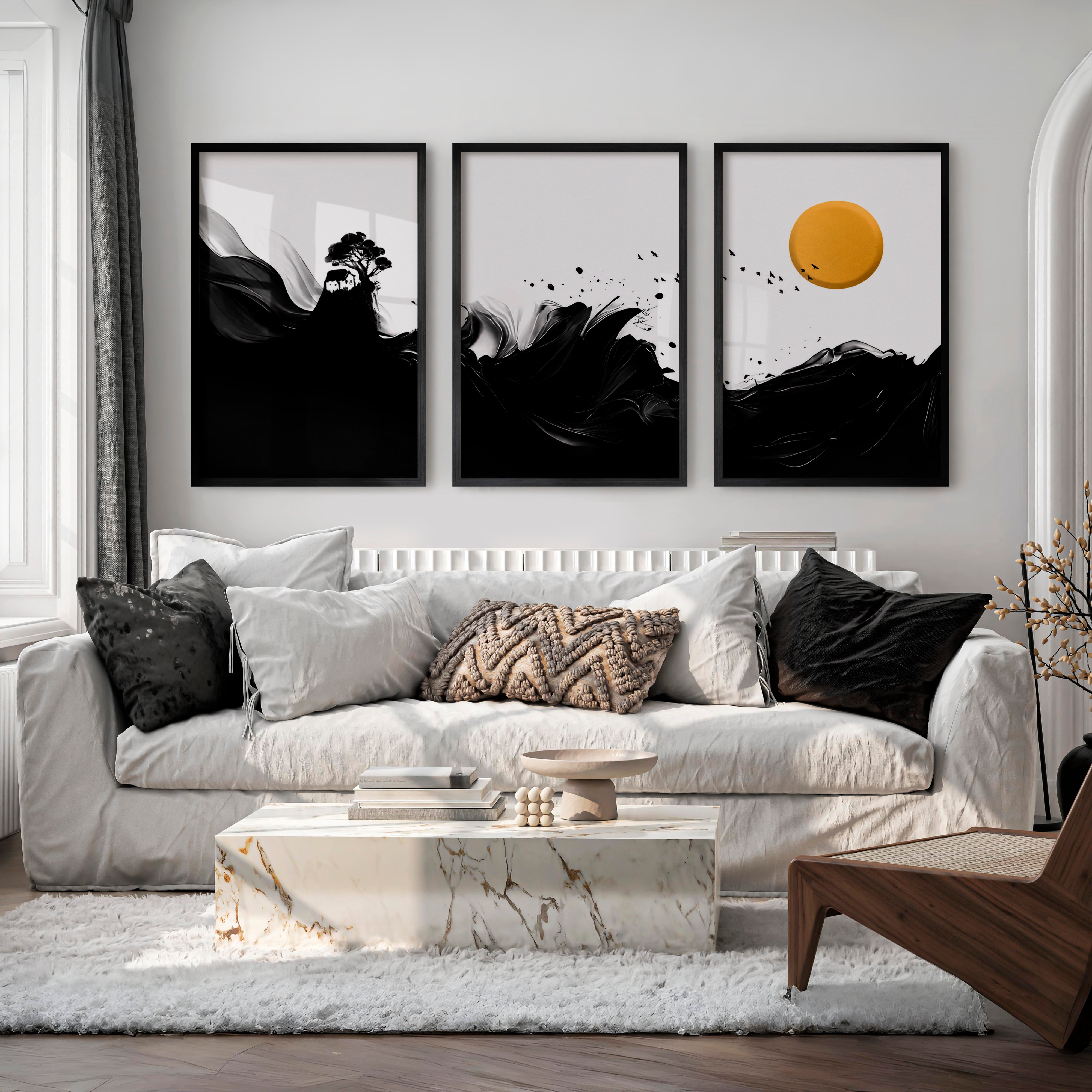 Minimalist Japanese Bird Art Featuring Orange Sun and Botanical Silhouettes - Black Framed Poster No Border - Artworksets