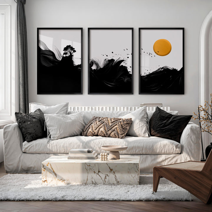 Minimalist Japanese Bird Art Featuring Orange Sun and Botanical Silhouettes - Black Framed Poster No Border - Artworksets