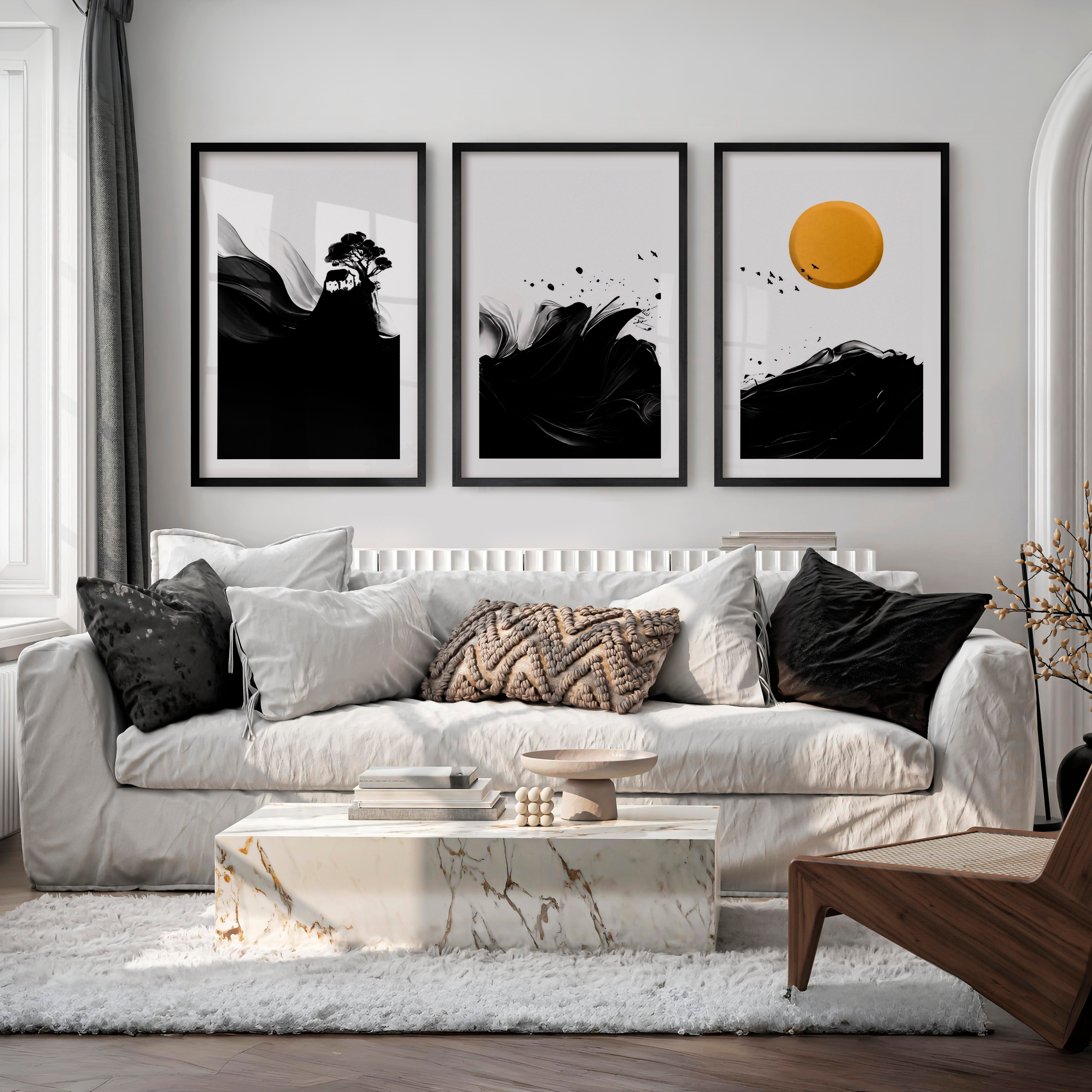 Minimalist Japanese Bird Art Featuring Orange Sun and Botanical Silhouettes - Black Framed Poster with White Border - Artworksets