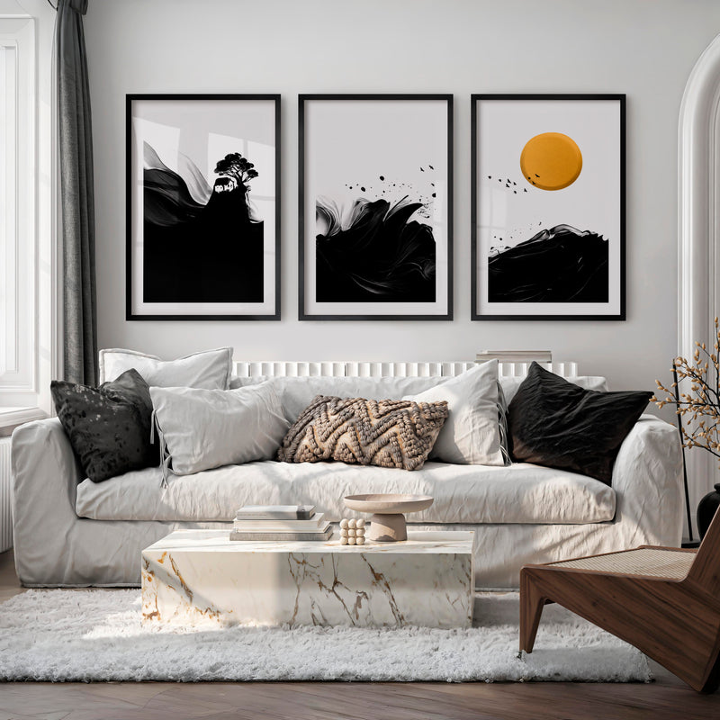 Minimalist Japanese Bird Art Featuring Orange Sun and Botanical Silhouettes - Black Framed Poster with White Border - Artworksets