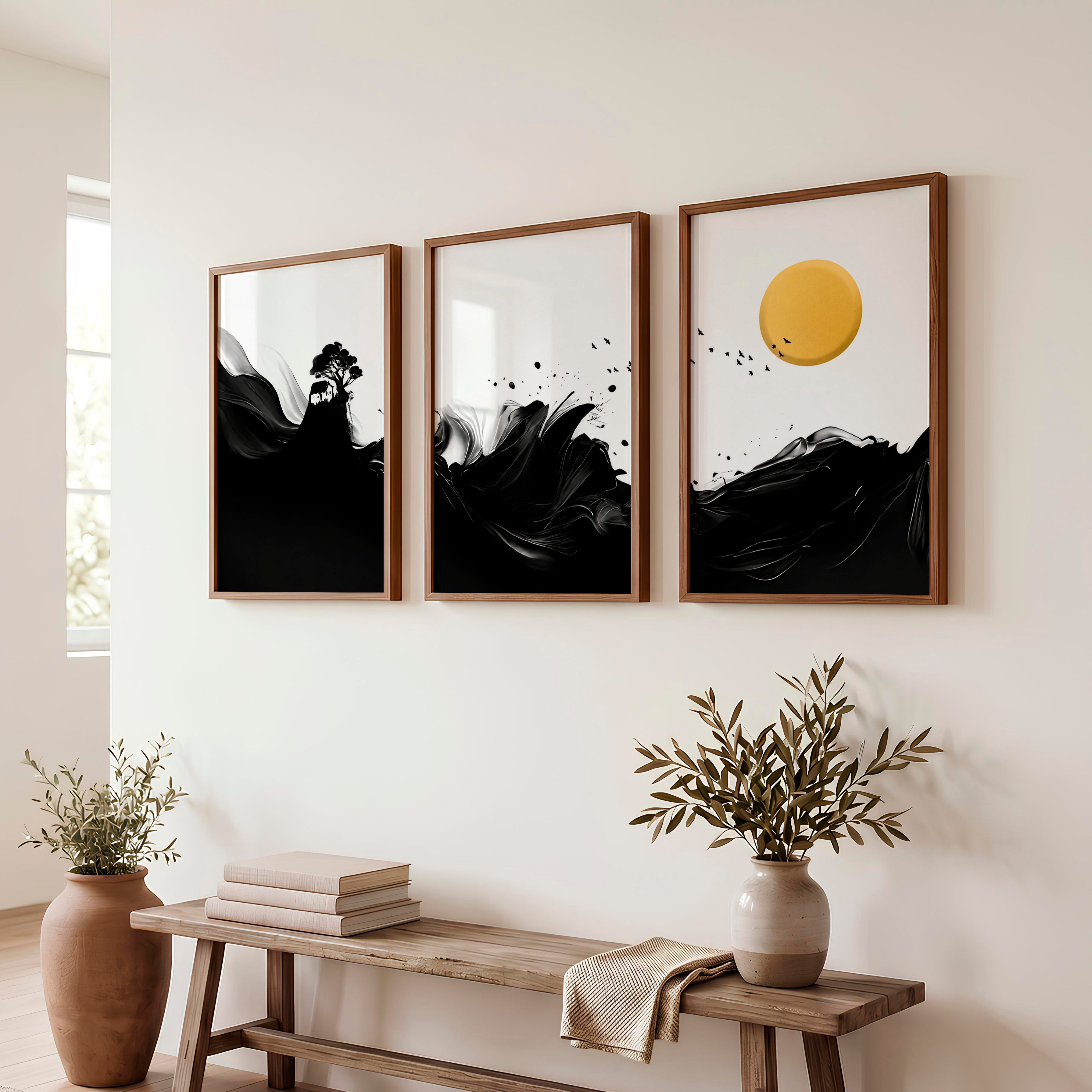Minimalist Japanese Bird Art Featuring Orange Sun and Botanical Silhouettes - Dark Brown Framed Poster No Border - Artworksets