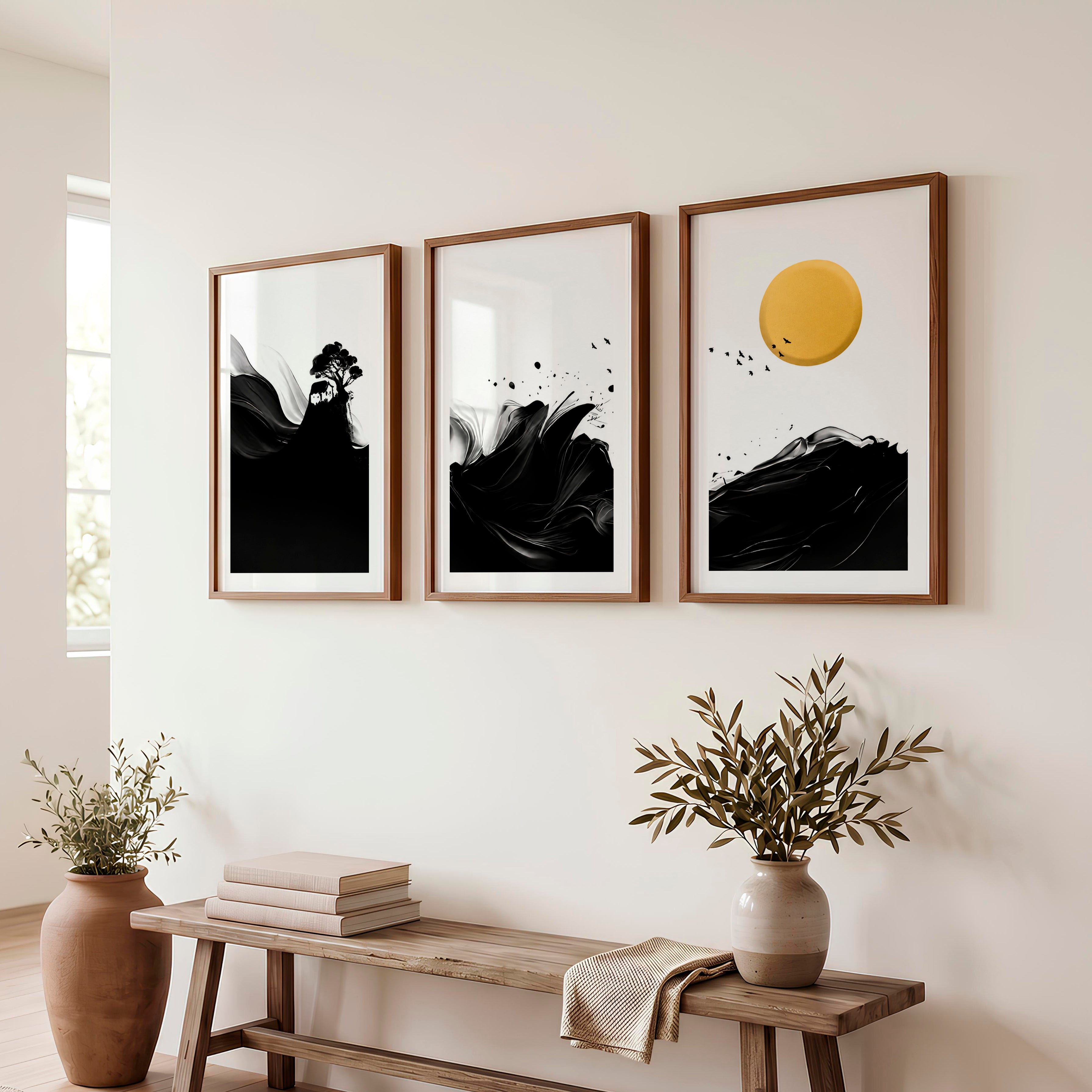 Minimalist Japanese Bird Art Featuring Orange Sun and Botanical Silhouettes - Dark Brown Framed Poster with White Border - Artworksets