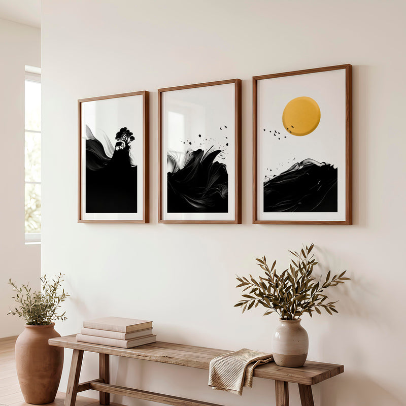 Minimalist Japanese Bird Art Featuring Orange Sun and Botanical Silhouettes - Dark Brown Framed Poster with White Border - Artworksets