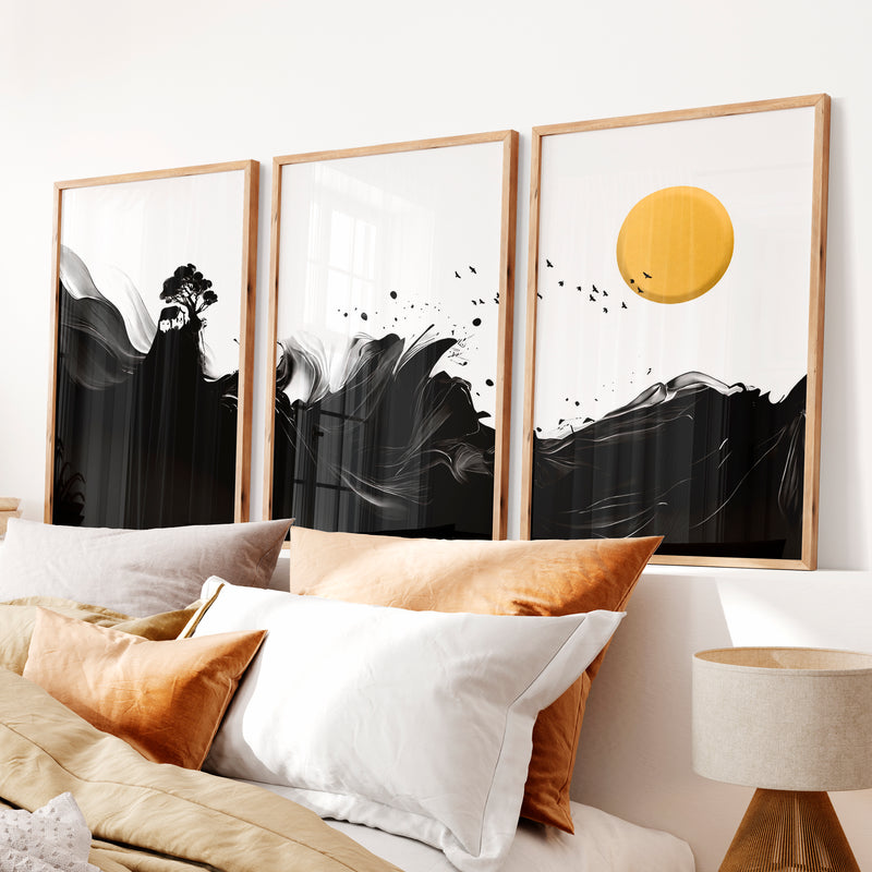 Minimalist Japanese Bird Art Featuring Orange Sun and Botanical Silhouettes - Natural Wood Framed Poster No Border - Artworksets