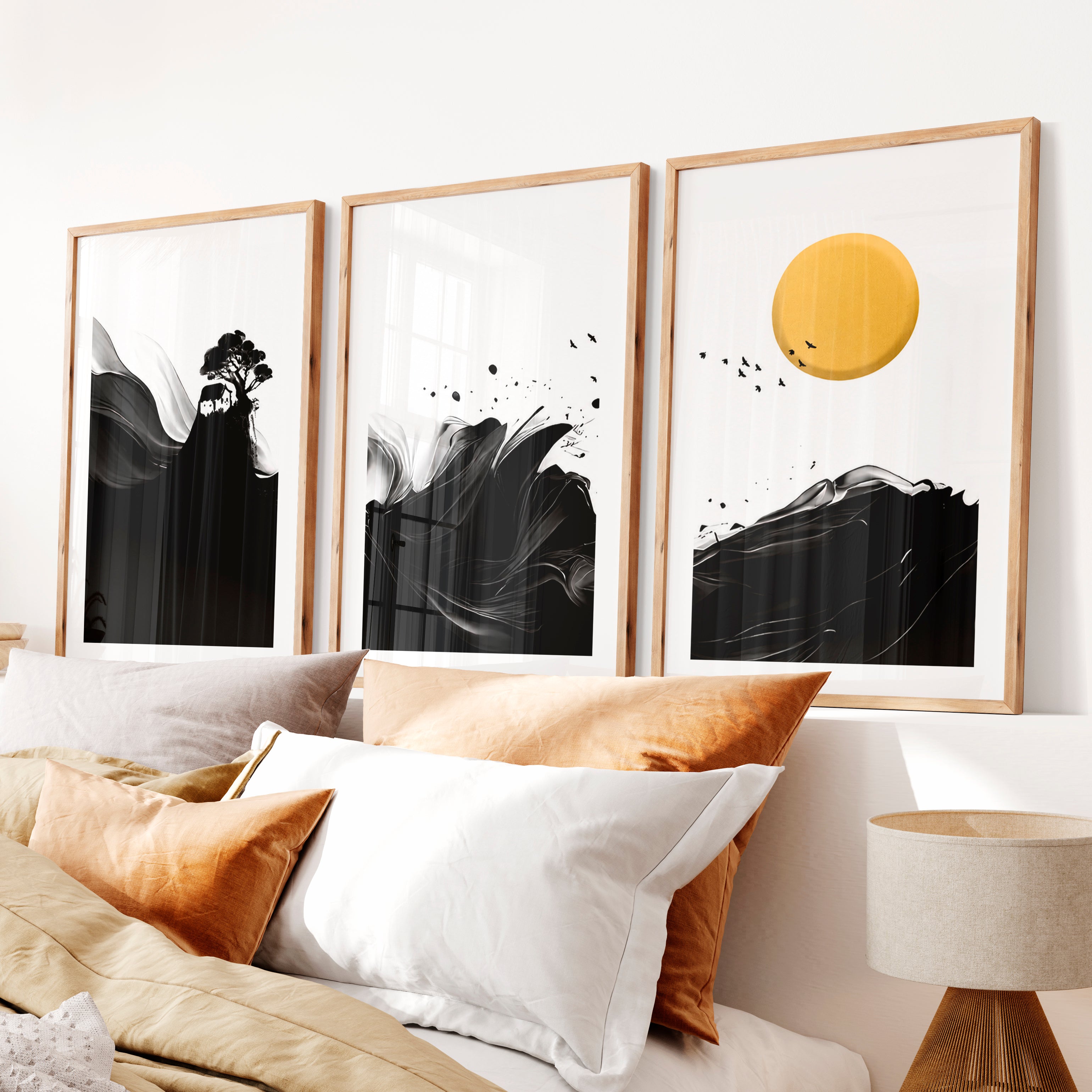 Minimalist Japanese Bird Art Featuring Orange Sun and Botanical Silhouettes- Natural Wood Framed Poster with White Border - Artworksets
