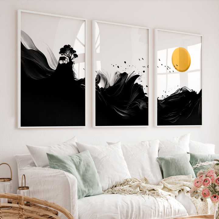 Minimalist Japanese Bird Art Featuring Orange Sun and Botanical Silhouettes - White Framed Poster No Border - Artworksets