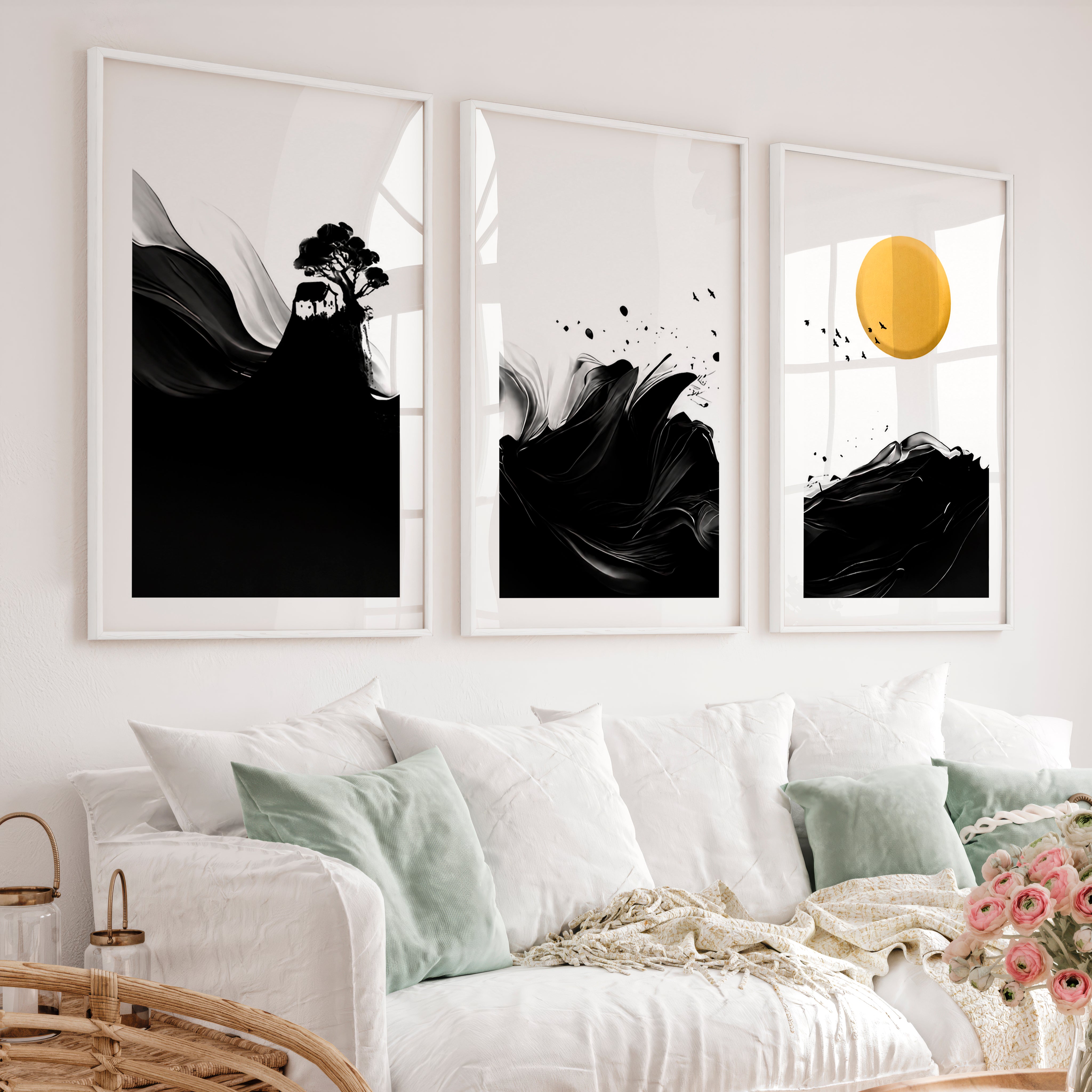 Minimalist Japanese Bird Art Featuring Orange Sun and Botanical Silhouettes - White Framed Poster with White Border - Artworksets