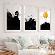Minimalist Japanese Bird Art Featuring Orange Sun and Botanical Silhouettes - White Framed Poster with White Border - Artworksets