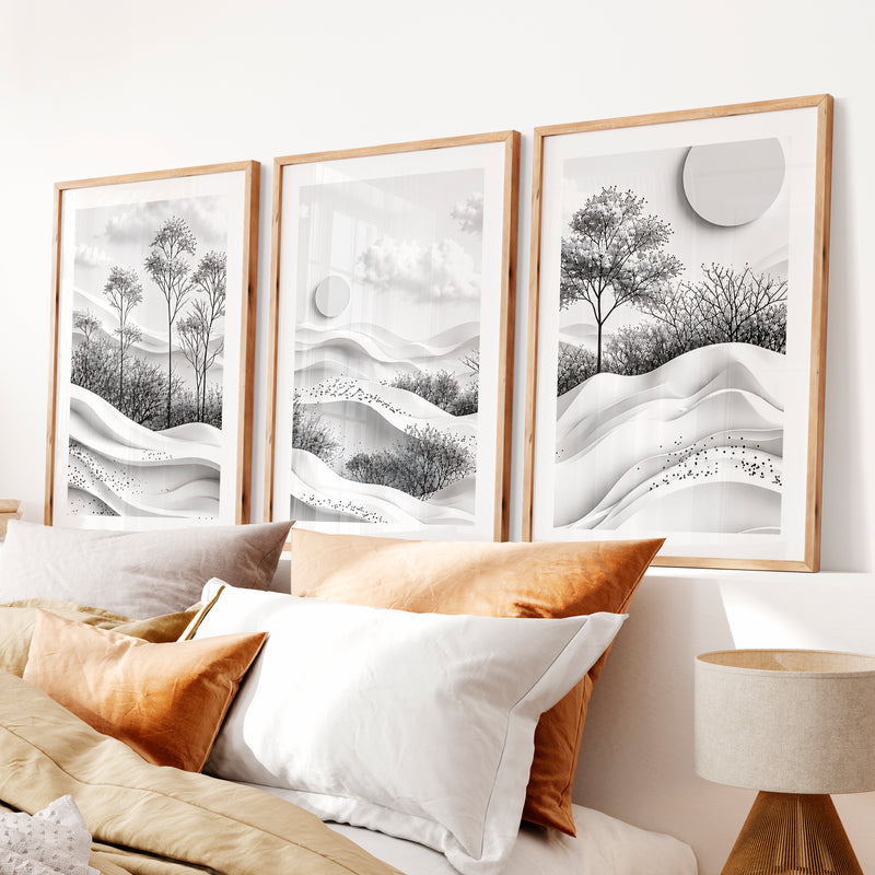 Japanese Bird Artwork Featuring Swallows and Cherry Blossoms- Natural Wood Framed Poster with White Border - Artworksets