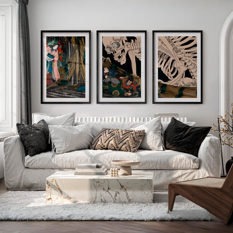 Japanese Block Prints Featuring Mount Fuji and Ocean Wave - Black Framed Poster with White Border - Artworksets