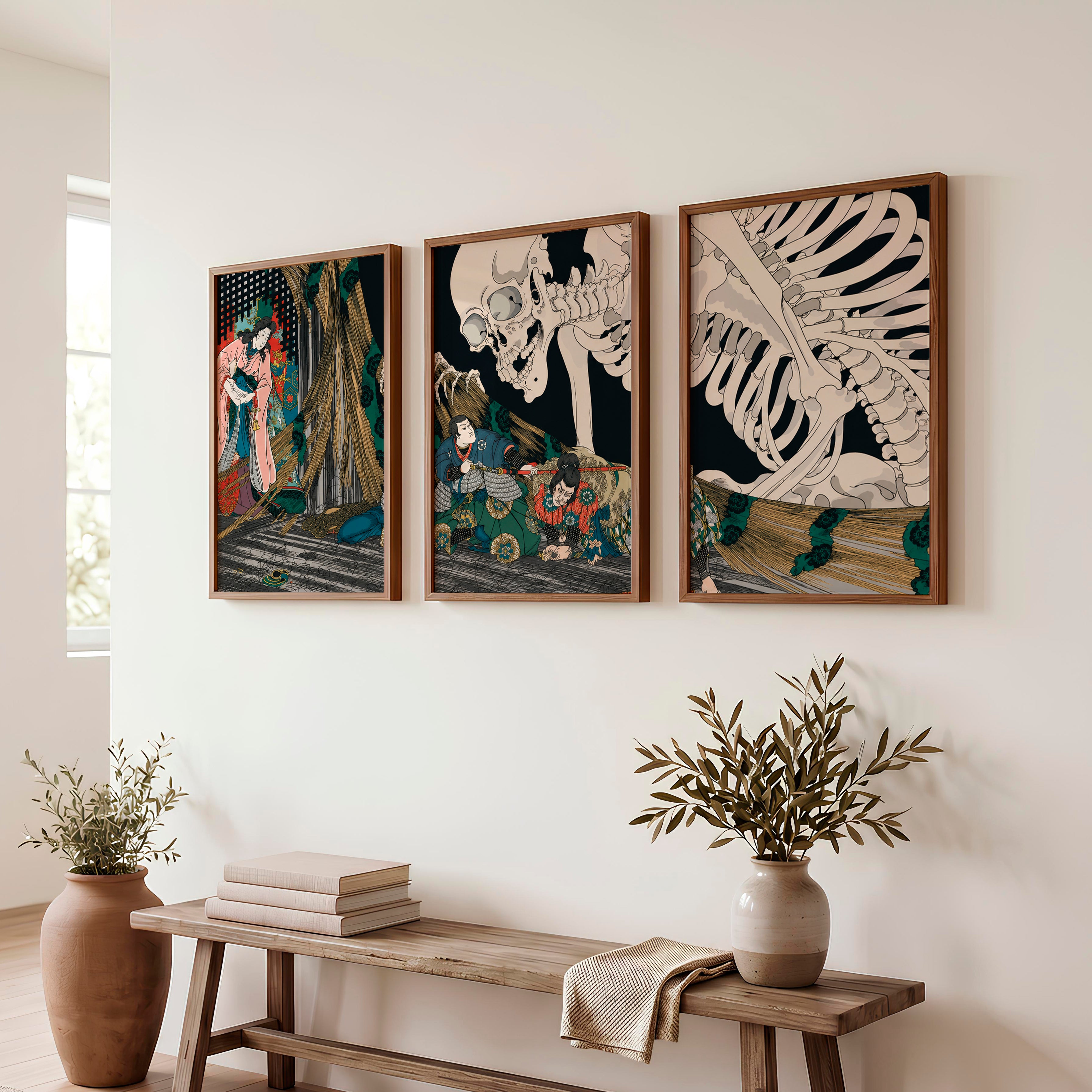Japanese Block Prints Featuring Mount Fuji and Ocean Wave - Dark Brown Framed Poster No Border - Artworksets