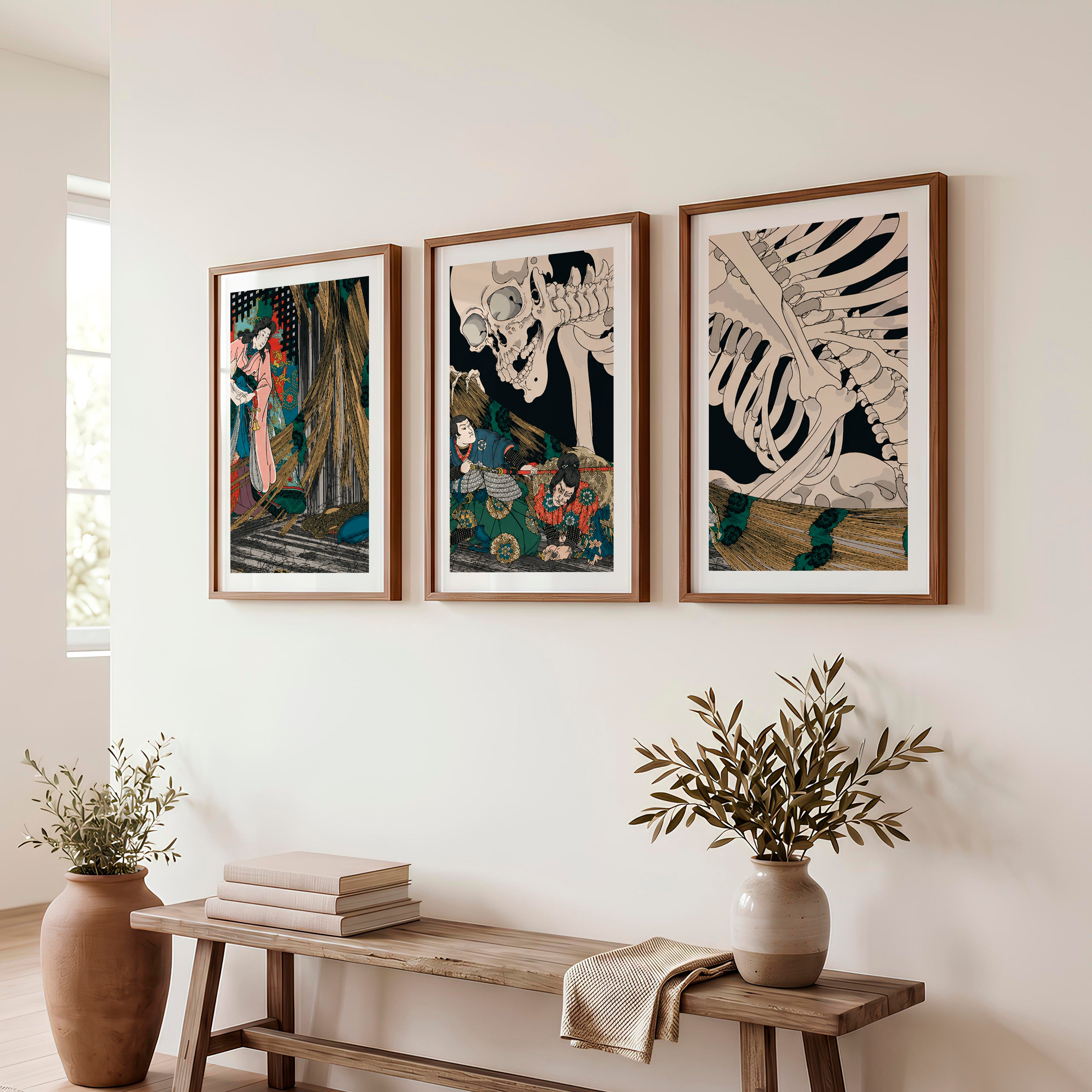 Japanese Block Prints Featuring Mount Fuji and Ocean Wave - Dark Brown Framed Poster with White Border - Artworksets