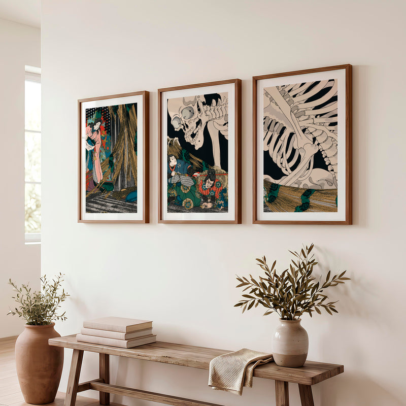 Japanese Block Prints Featuring Mount Fuji and Ocean Wave - Dark Brown Framed Poster with White Border - Artworksets