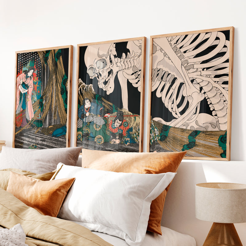 Japanese Block Prints Featuring Mount Fuji and Ocean Wave - Natural Wood Framed Poster No Border - Artworksets