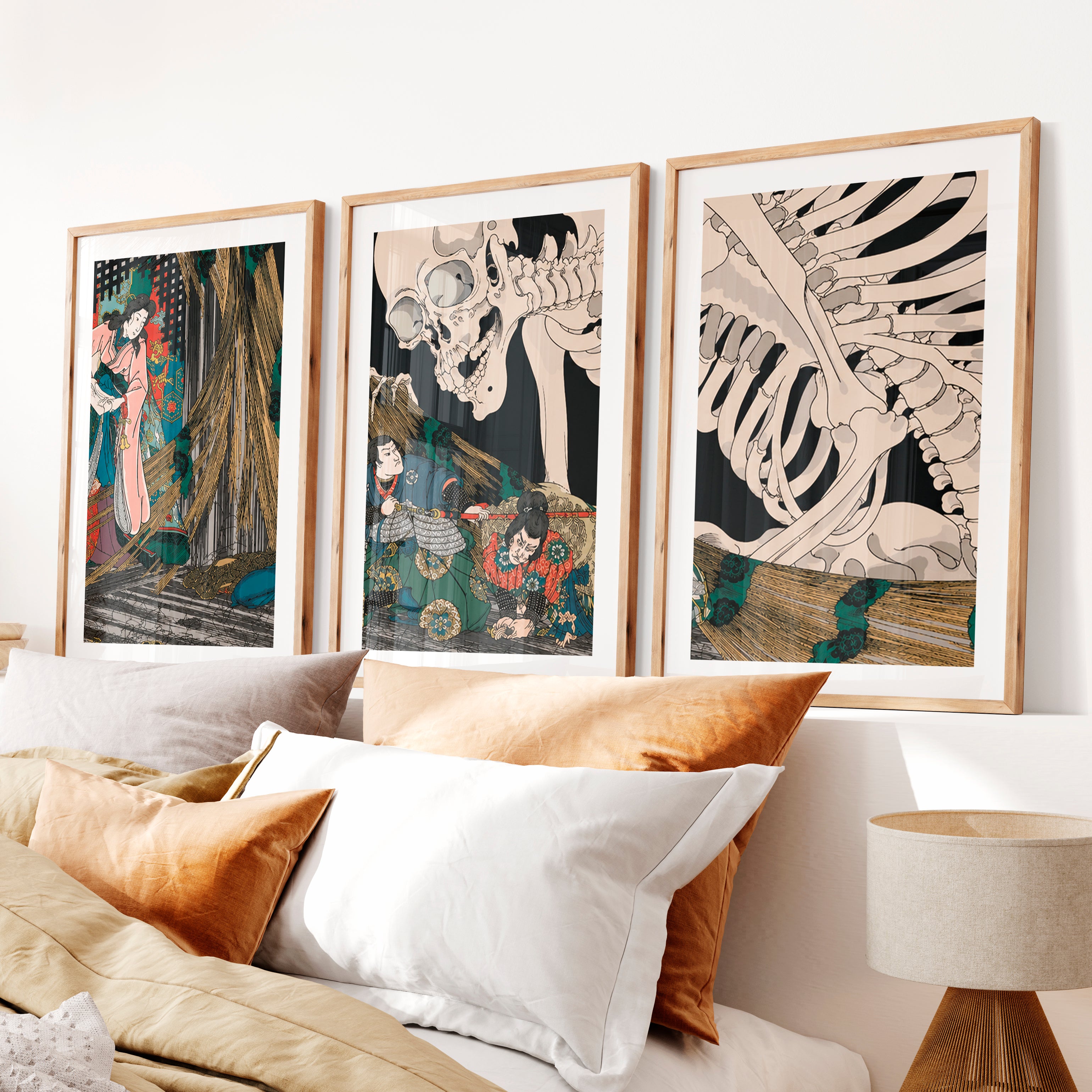 Japanese Block Prints Featuring Mount Fuji and Ocean Wave- Natural Wood Framed Poster with White Border - Artworksets